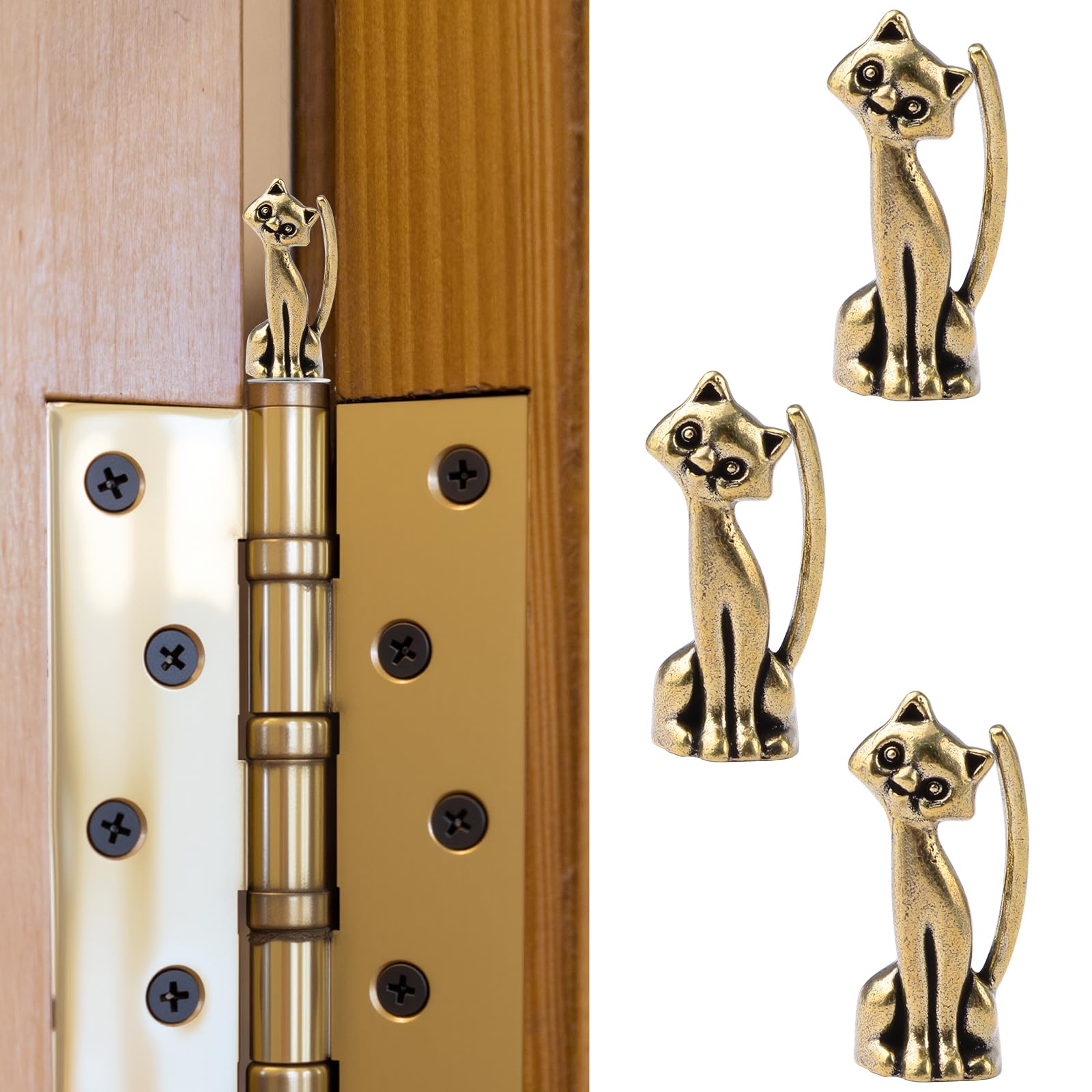 UFURMATE 3Pcs Brass Kitten Hinge Heads Decorative Topper, Magnetic Vintage Hinge Toppers Creative Bronzed Hinges Head Home Decoration Magnets Ornaments