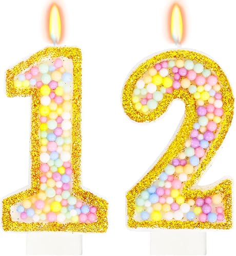 12th Birthday Candle for Cake, Colorful Macaron Numeral Candles for Boys/Girls, Birthday Party Cake Decorations, Golden Cake Topper for Birthday Party Supplies (Number 12)