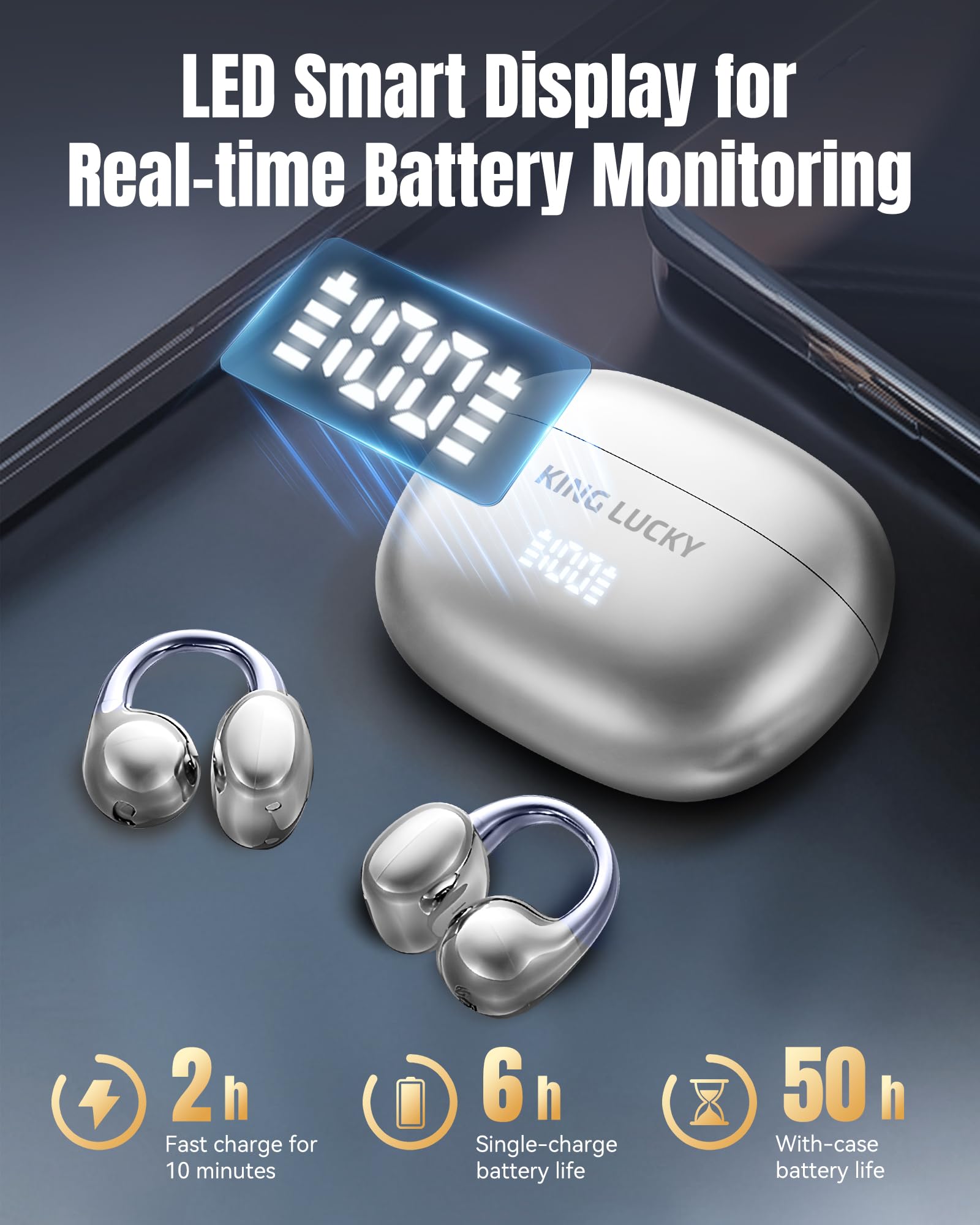 King Lucky Next-gen - Auriculares inalámbricos Bluetooth 6.0 con micrófono, 50H Play, ENC, IPX5 impermeable, auriculares deportivos, cómodos para orejas pequeñas y fitness, correr (plata