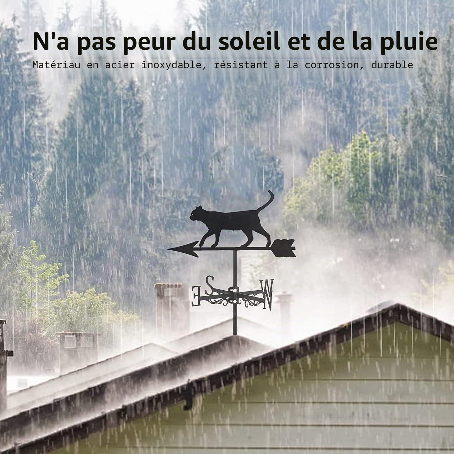 Ornement de chat girouette en métal, indicateur de direction du vent de la coq en acier inoxydable mignon forme de chat toit décoration de jardin, pour cour de ferme extérieur,Cat~e