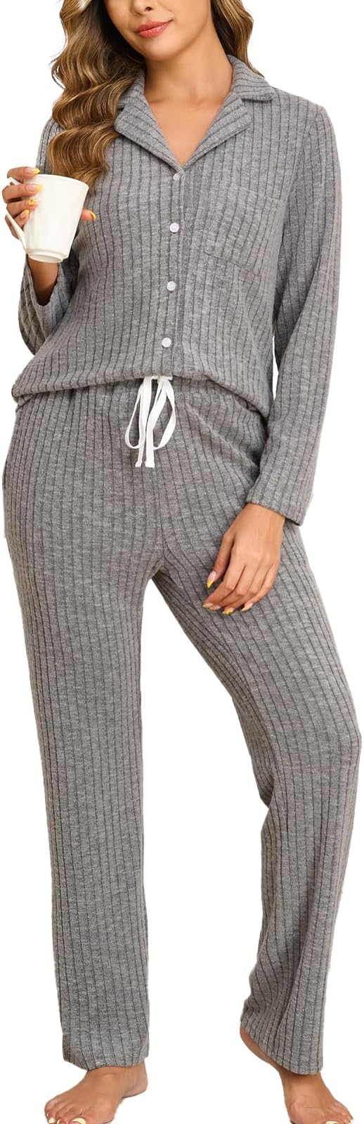 Women Ribbed Knit Pajamas Set Lounge Set 2-Piece Warm Sleepwear Nightwear Soft Fleece Pjs Set S-XXL