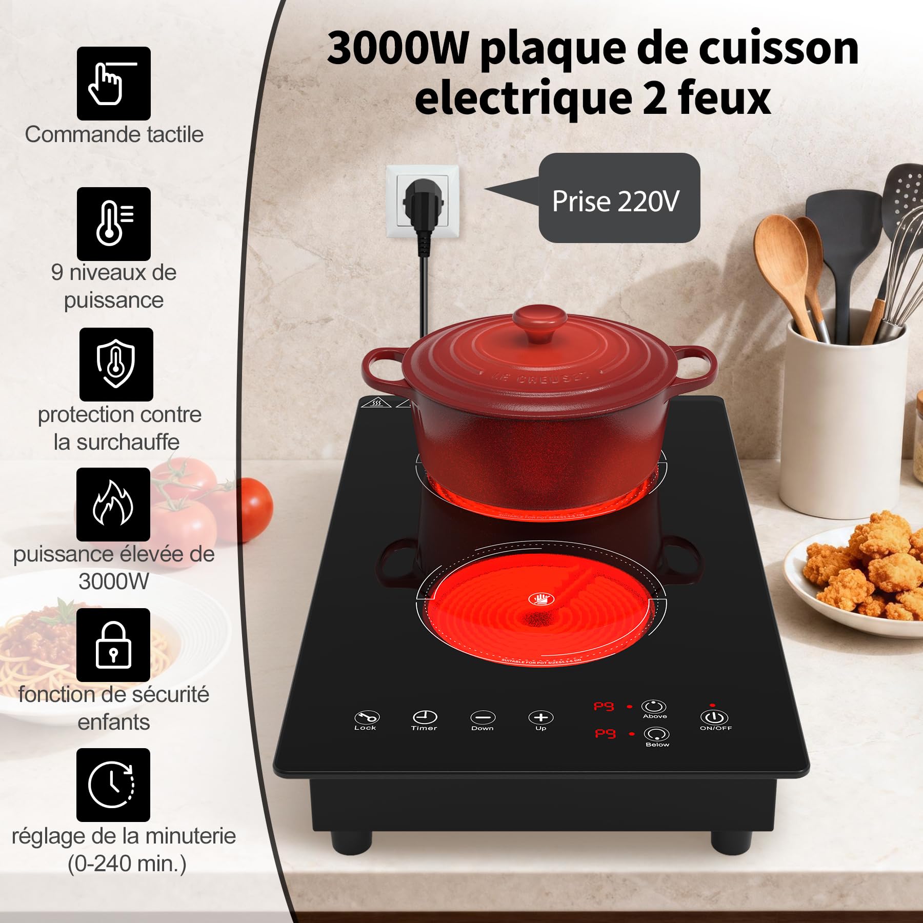 VBGK plaque de cuisson, 220V, 3000W, plaque vitrocéramique 2 feux avec commande tactile LED, 9 niveaux de puissance,Verrouillage enfant & Minuteur 4heures,plaque vitrocéramique 28.8 centimètre 2 feux