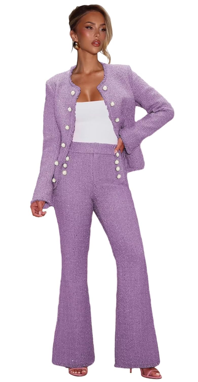 Womens 2 Piece Business Suit Tweed Crewneck Pant Suits for Women Dressy Open Front Cropped Blazers with Pockets