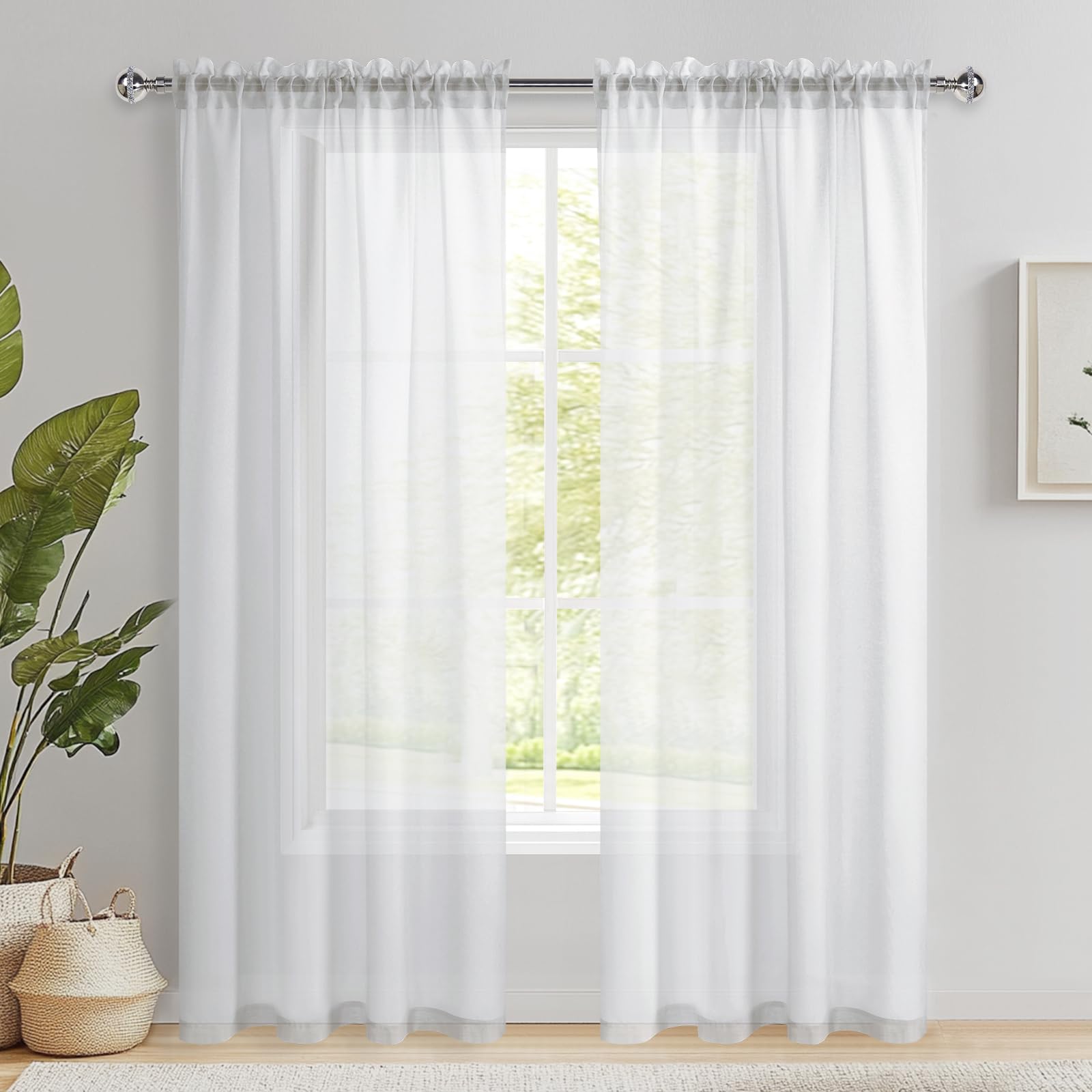 DWCN White Net Curtains for Windows 90 Inch Drop, Rod Pocket Voile Door Curtain Semi-Transparent Panels for Living Room Elegant Home Decrotion Drapes for Bedroom, W55 x L90 Inch, 2 Panel — image 1