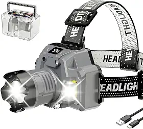 Lanterna de Cabeça LED Tática 20000 Lumens Recarregável USB-C, 12 Modos de Luz, Zoom Ajustável, À Prova d'Água, Power Bank, Ideal para Camping, Pesca, Trilha e Ciclismo