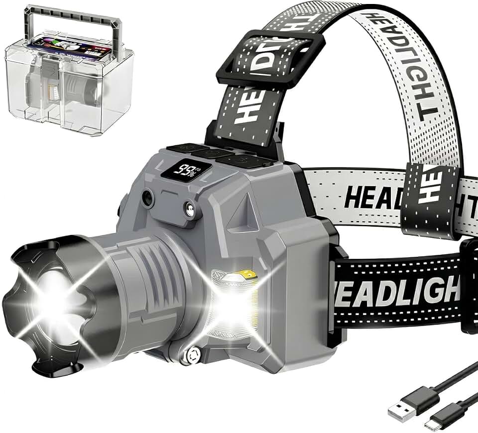 Lanterna de Cabeça Tática Militar Recarregável Potente à Prova D'água Lanterna Tatico 20000 Lúmens 12 Modos de Luz Zoom Ajustável Carregamento Tipo-C Lanternatática para Camping, Profissional