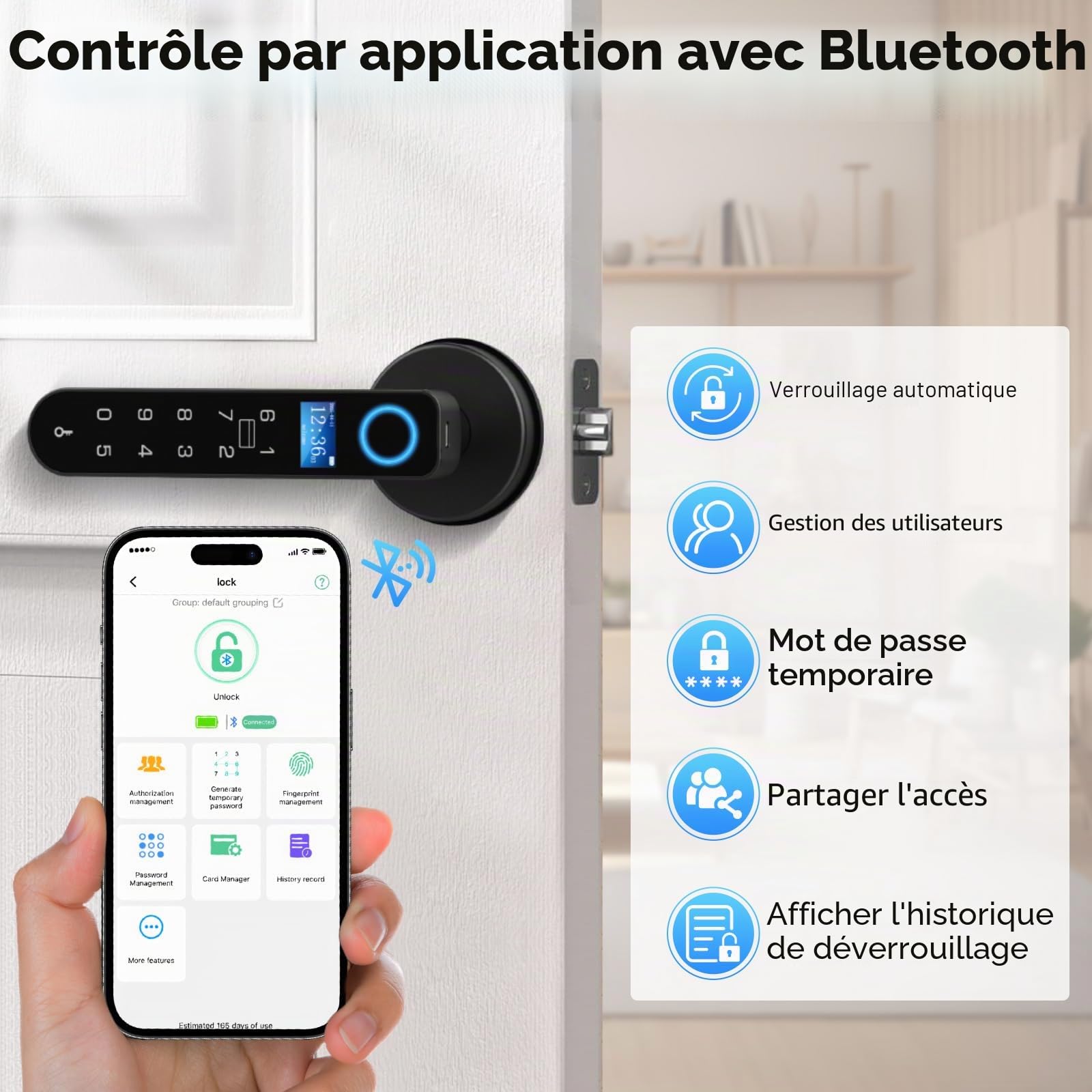 Anweller Serrure de porte intelligente avec écran d'affichage, serrure de porte biométrique à empreintes digitales avec clavier à code APP entrée sans clé serrure intelligente poignée de porte pour