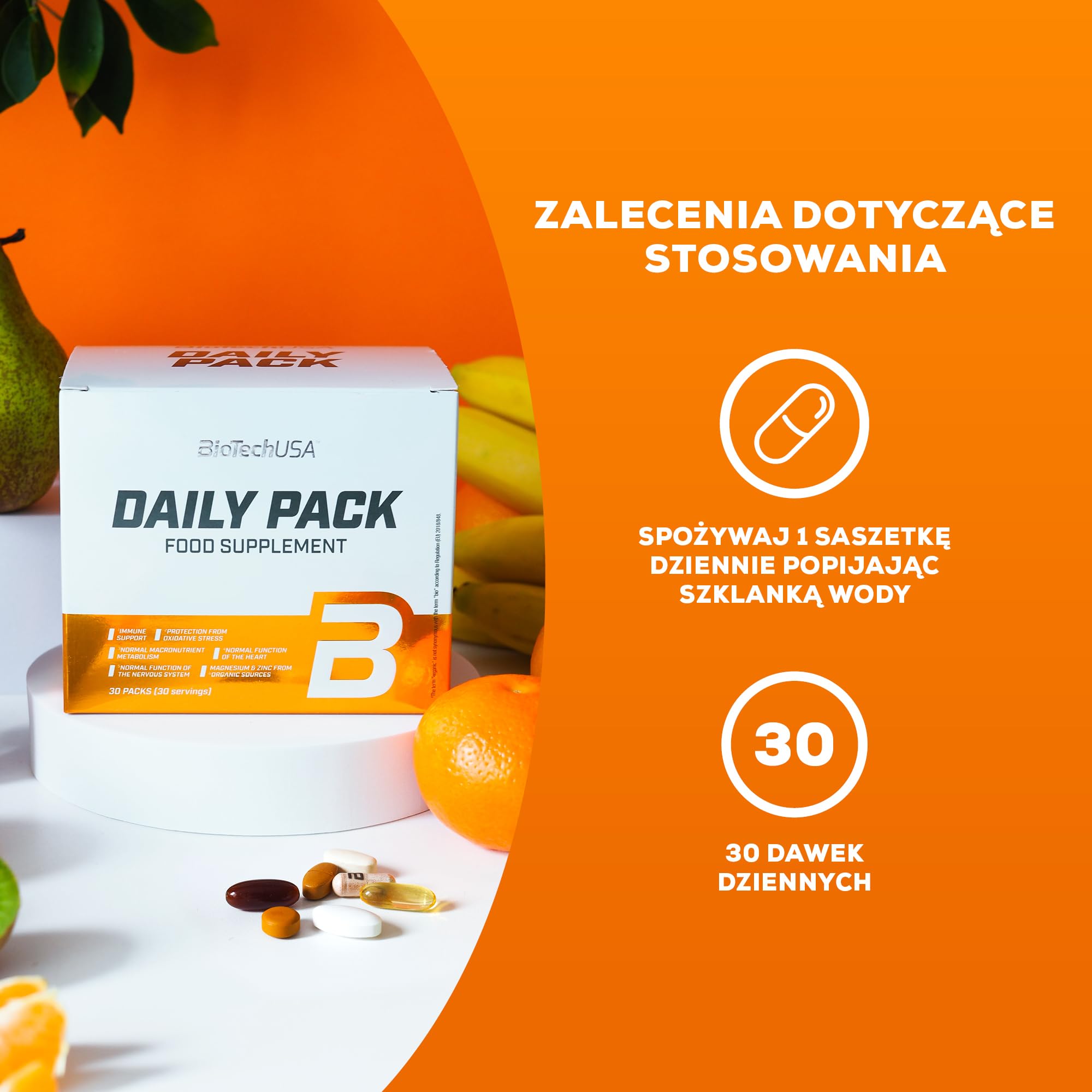 BioTechUSA Daily Pack, Pełnowartościowy preparat multiwitaminowy zawierający 7 różnych tabletek, kapsułek i kapsułek typu softgel z minerałami, koenzymem Q10, ekstraktem z pestek winogron, lecytyną i niezbędnymi kwasami tłuszczowymi, 30 saszetek
