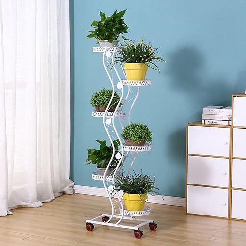 Miniatura 3 de Soporte de metal para plantas de 6 niveles para interiores y exteriores, estante vertical alto de esquina con ruedas, estante múltiple para plantas