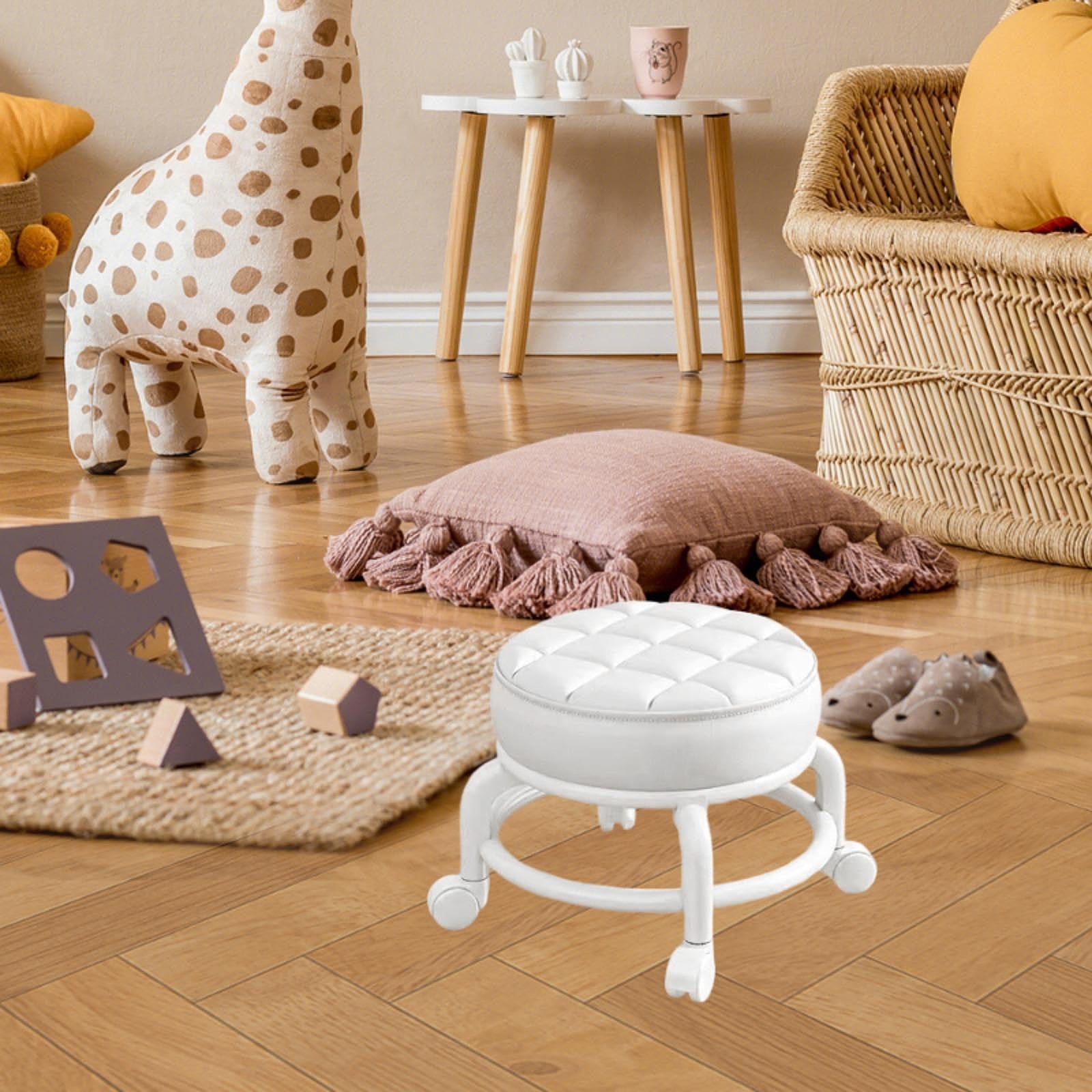 Chaise Pivotante Tabouret à Roulettes, Tabouret à 360° avec Roulettes, Petit Tabouret Bas Cuir Sur Roulettes, Pédicure Bouchettes Pivotantes Universelles pour Salon Massage, Coiffure, Spa, Blanc