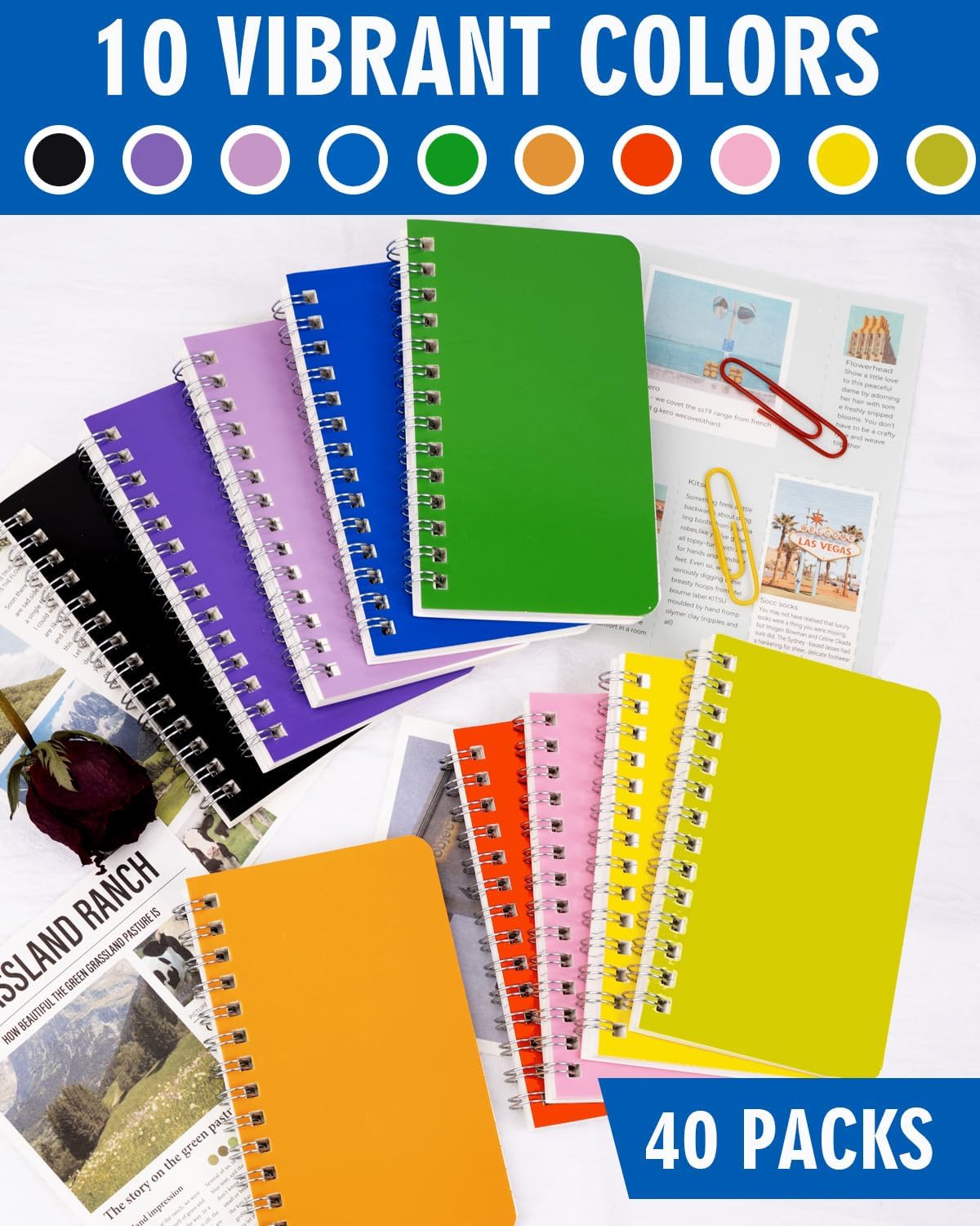 Dynta Small Notebooks 3x5 Bulk, Mini Spiral Notebooks 40 Packs, Pocket Notebooks Notepads Memo Pads 10 Assorted Colors for School Home Office College Work Travel (60 Sheets/120 Pages)