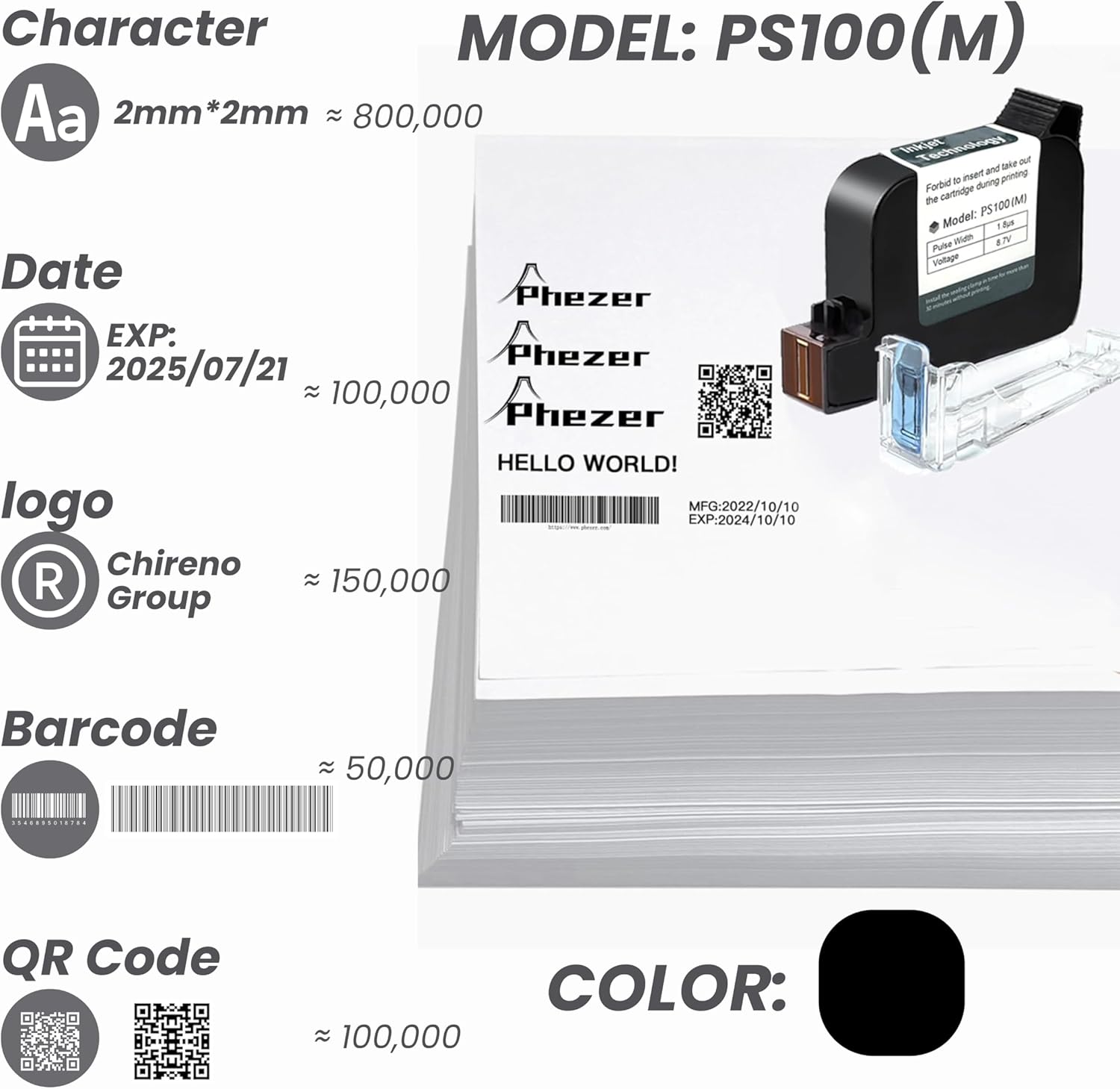 PS100(M) Original 42ml Black Quick Dry Solvent Ink Cartridge Replacement for 0.5inch/12.7mm Handheld Inkjet Printers P15 / P16 / P19 / PC11 / PC98 / T180ES / PRX 880
