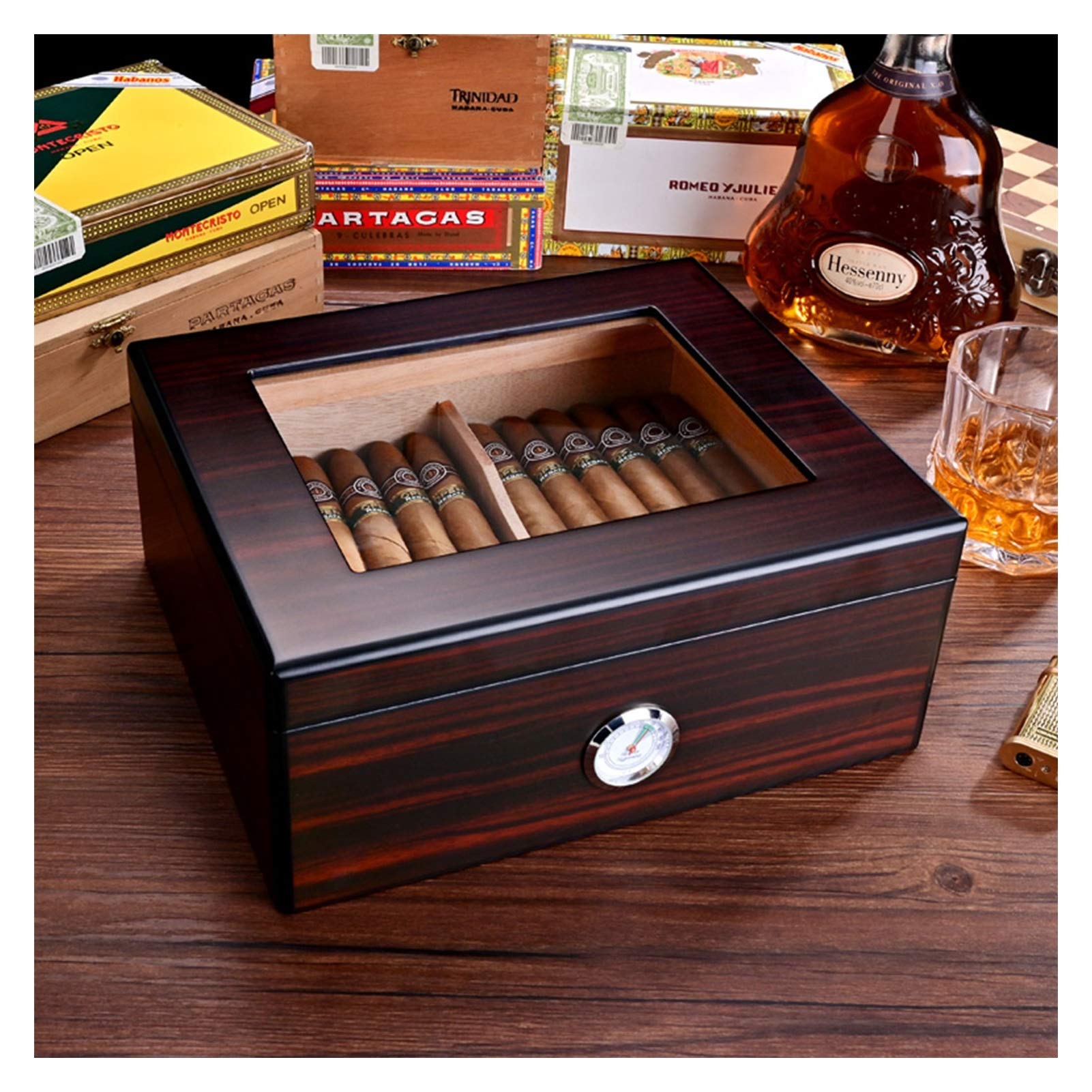 Humidor cygar ręcznie robione cygaro humidor królewski szklany cygaro Humidor Cedar Desktop pudełko stacjonarne Humidor Pasek zawiera 30-50 cygaro z nawilżaczem i higrometrami prezenty dla mężczyzn
