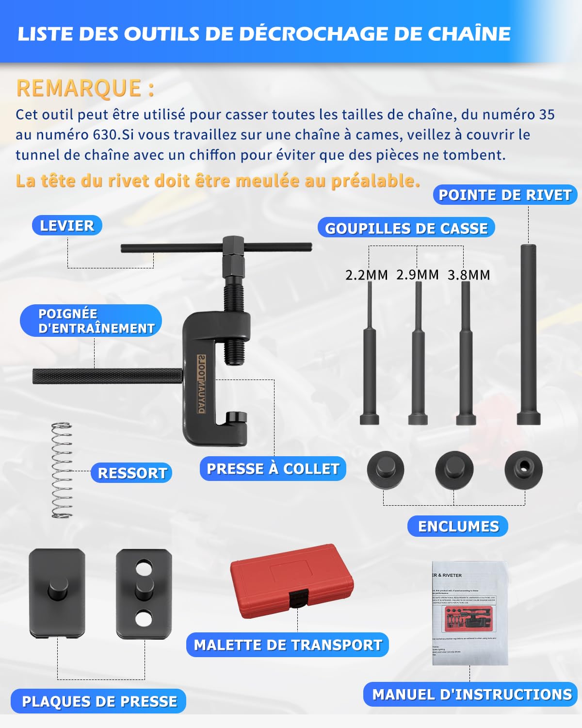 DAYUAN Outil de rivetage pour chaîne de moto, ensemble d'outils de chaîne de moto, outil de séparation et de rivetage pour chaîne de moto, outil de rivetage pour moto, séparateur de chaîne de moto