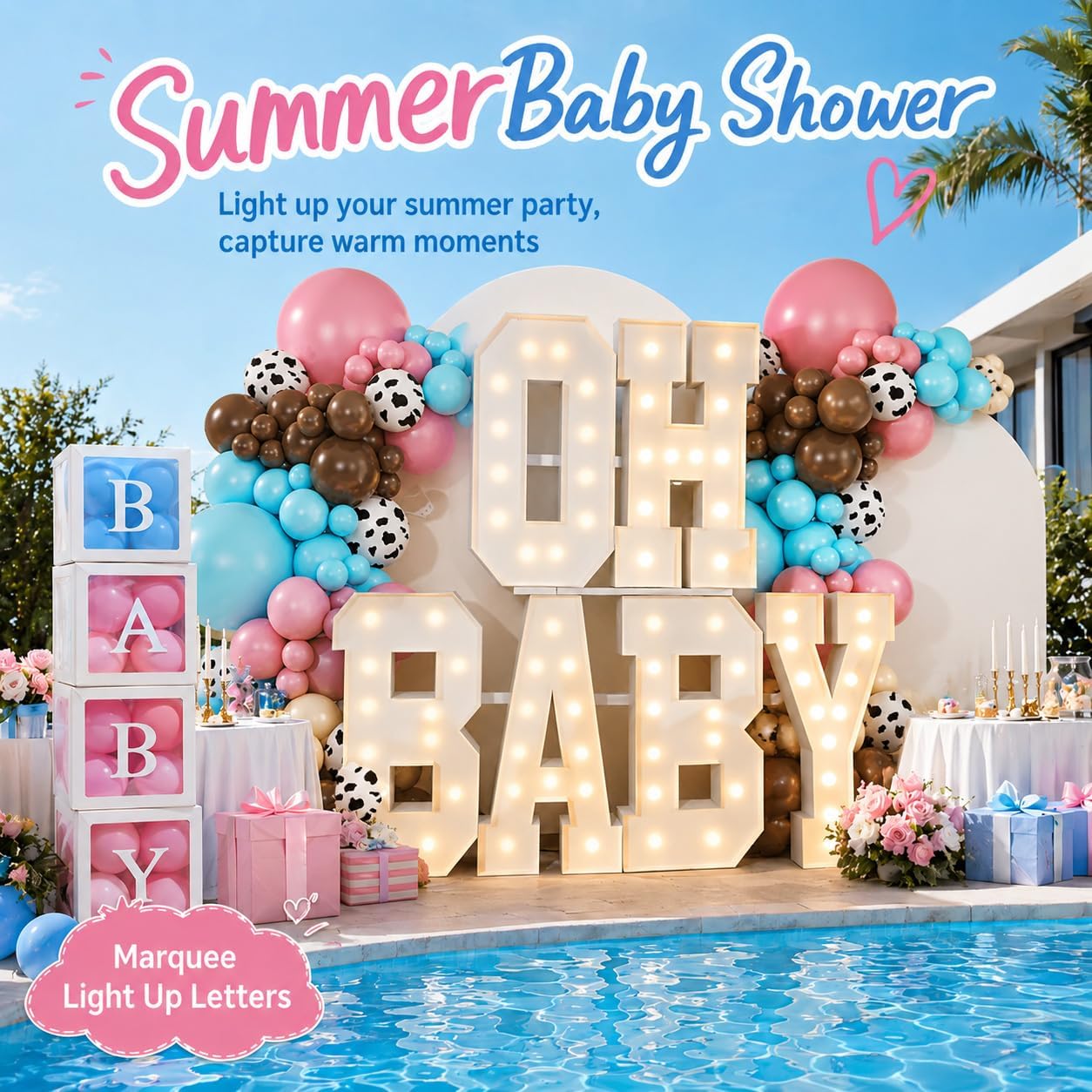 3FT/4FT/5FT Large-Sized Illuminated Letter Logo OH Baby, LED Warm Color Light, Including Free Balloons, Party Event Decoration, Baby Party Theme, Baby Gender Revealing Party (3FT+Cowboy Balloon)