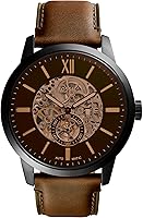 Fossil Townsman Men's Automatic Skeleton Watch - Black Stainless Steel 44mm, Brown Leather Band, Battery-Free