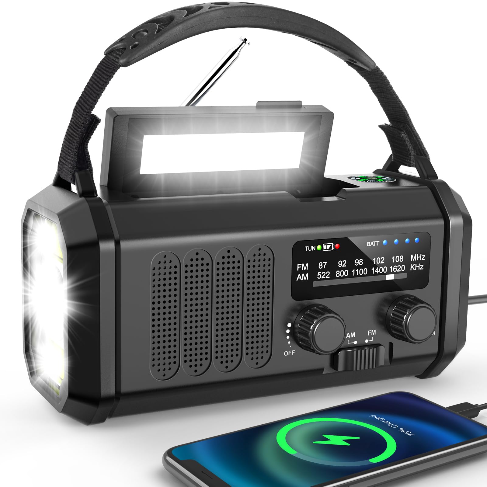 Wind Up Radio, Solar & Hand Crank Emergency Radio with 10,000mAh Power Bank, AM/FM Portable Radio, LED Torch, Reading Lamp, SOS Alarm & 5V USB Output for Outdoor, Camping, Hiking