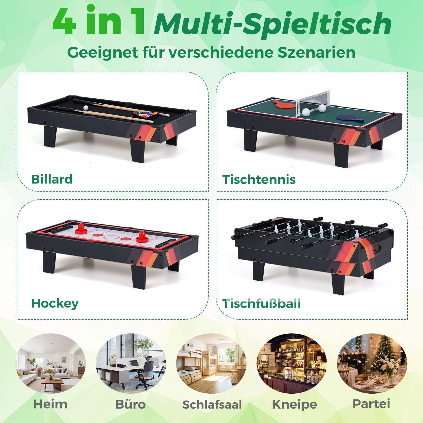 COSTWAY 4 in 1 Spieltisch, Tischkicker & Billard & Air Hockey & Tischtennis, Multifunktionstisch aus Holz, Tischfußball für Spielzimmer, Bars, Kickertisch für Kinder, Erwachsene