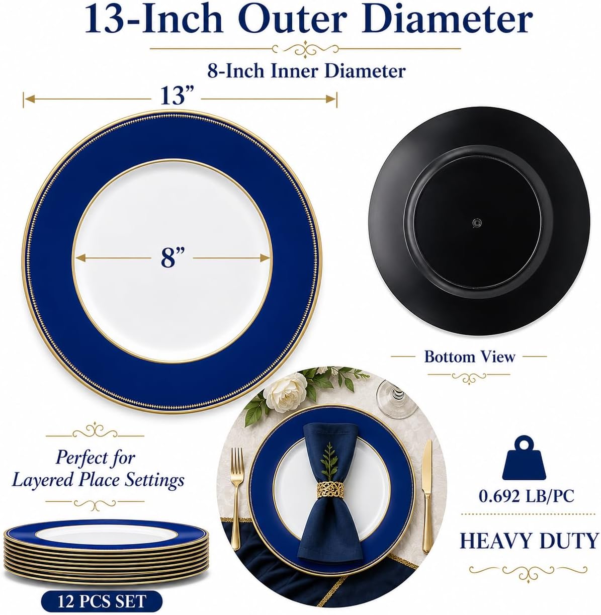 Modern Royal Blue Charger Plates Set of 12-13in Gold Beaded Rim Chargers for Dinner Plates- Heavy Duty Round Plastic Plate Chargers- Table Chargers for Wedding, Party, Banquets, Holidays