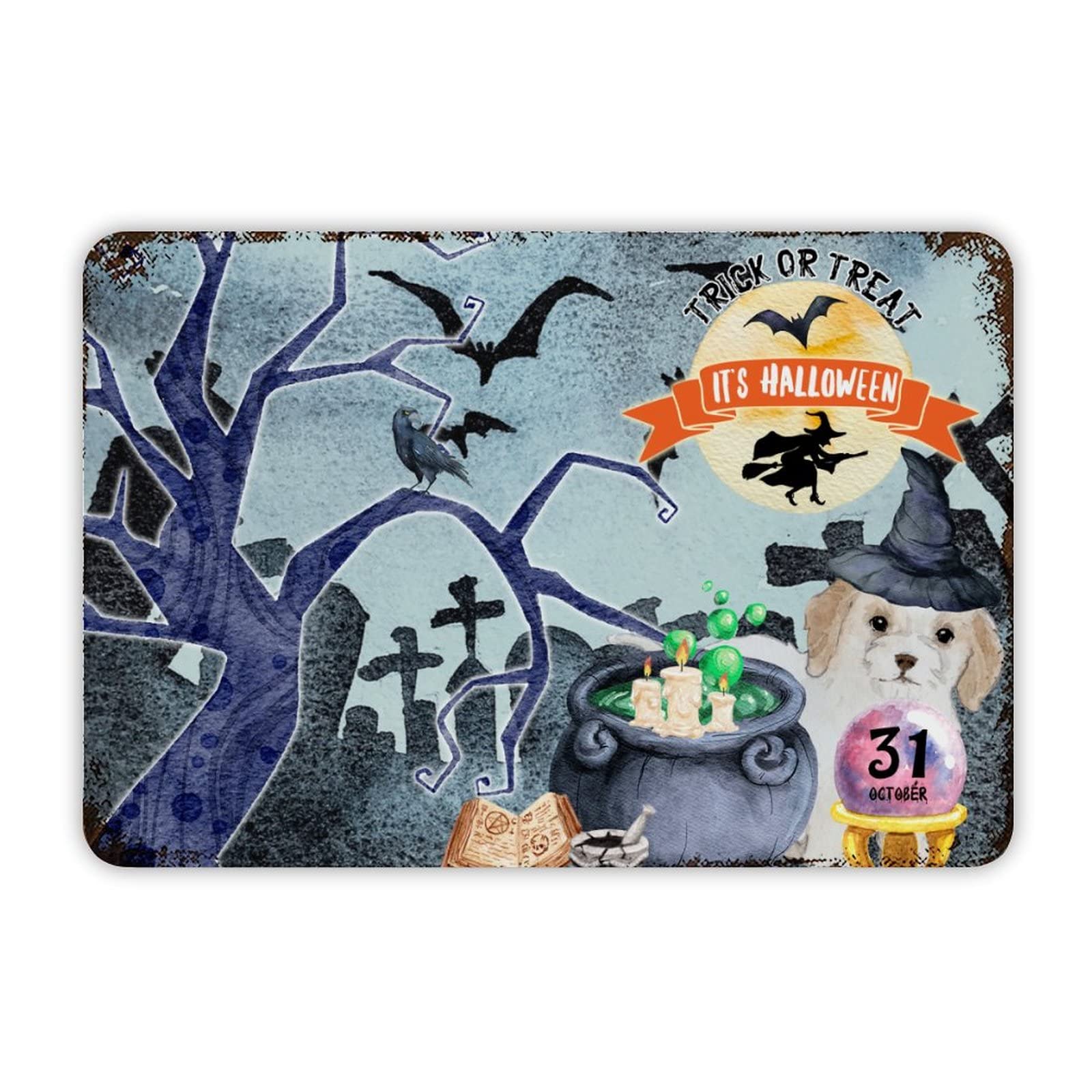 ENEDNATE Happy Halloween Scary Night Grave Witch Bats Trick Or Treat Dog Aluminum Tin Metal Sign for Indoor Outdoor Business Retail Store Patio Yard Home Decor Wall Art Print Poster 8"x12"