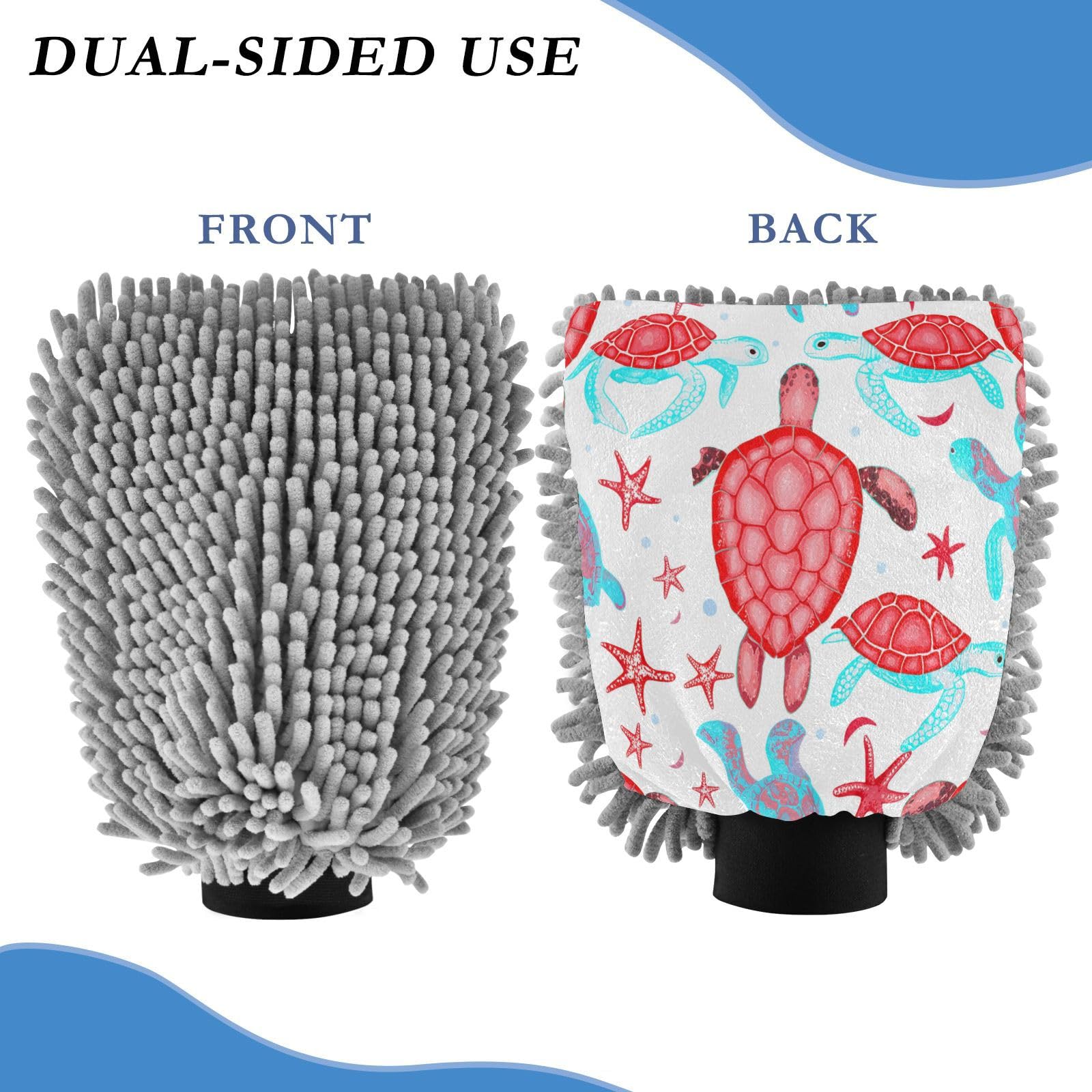 STAYTOP Red and Blue Turtles Car Wash Mitt Microfiber, 2Pcs Scratch Free Lint-Free, Premium Chenille Microfiber Mitt Car Wash Brush-M