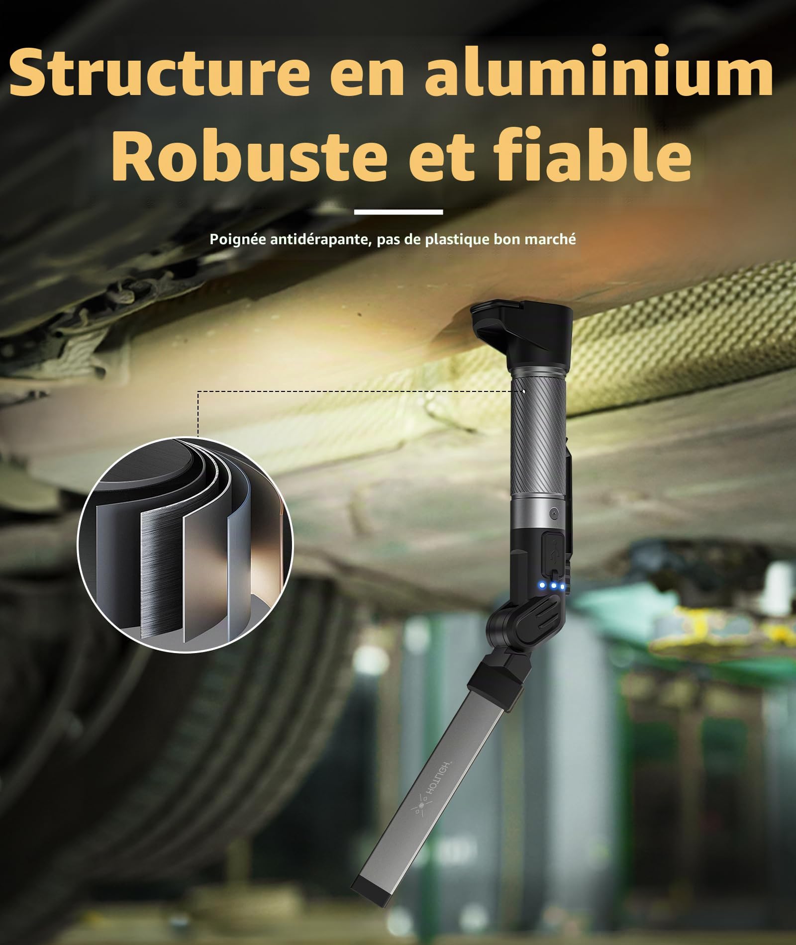 HOTLIGH Baladeuse LED Mecanicien - 800 Lumens Lampe Mecanicien avec Conception Pliable Multifonctionnelle, 2200 mAh Baladeuse LED Rechargeable, 3 Modes D'éclairage Lampe de Travail, 1 Paquet