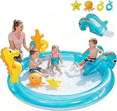 HOMASIS Inflatable Pool for Children PVC Multifunction with Slide, Sprayer and Accessories, Animal Theme, Ideal for Garden and Summer Play, Dolphin Submarine, 178 x 157 x 67.5 cm