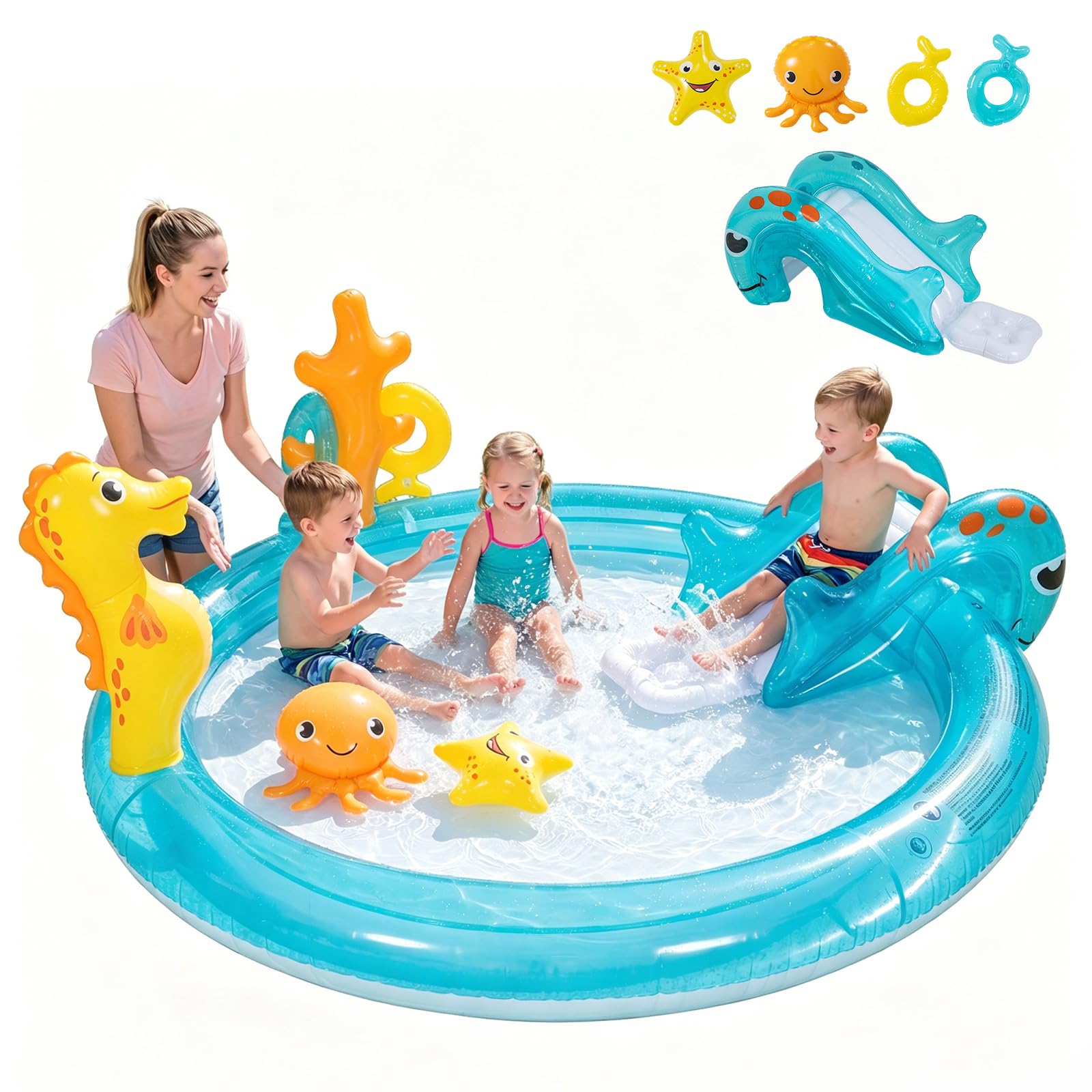 HOMASIS Piscina Gonfiabile per Bambini in PVC, Multifunzione con Scivolo, Spruzzatore e Accessori, Tema Animali, Ideale per Giardino e Gioco Estivo, Sottomarino con Delfino, 178 x 157 x 67,5 cm