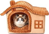 Vista 13 de Jiupety Casas de Conejo y Gato para Gatos de Interior, Cueva de Cama para Gatos Linda con Chimenea, Suficiente Espacio Interior, Casa Suave