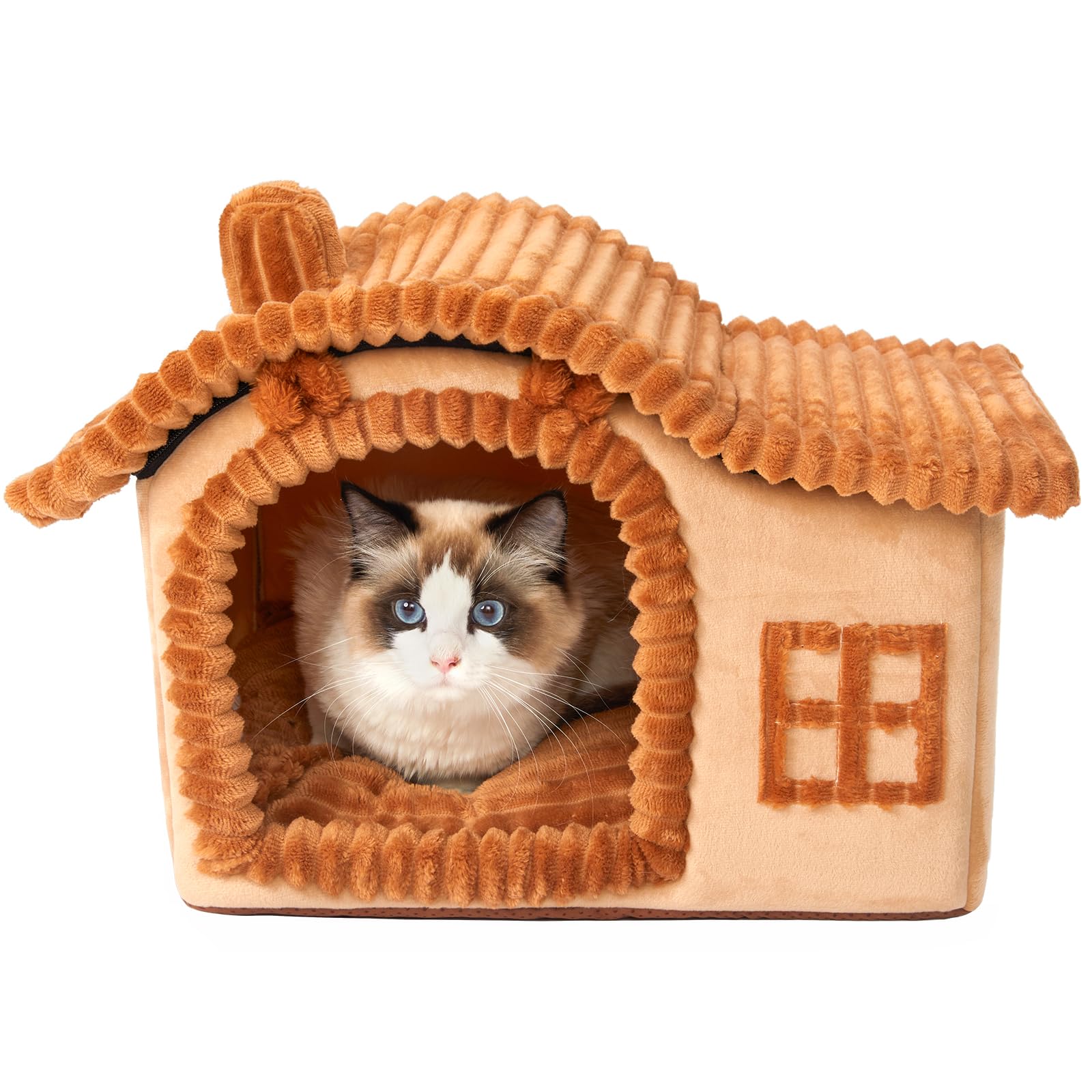 Jiupety Bear Cat Houses for Indoor Cats, Chimney Cute Cat Bed Cave, Enough Interior Space, Cartoon Soft Pet House Up to 3-10 lbs Kitten, Brown