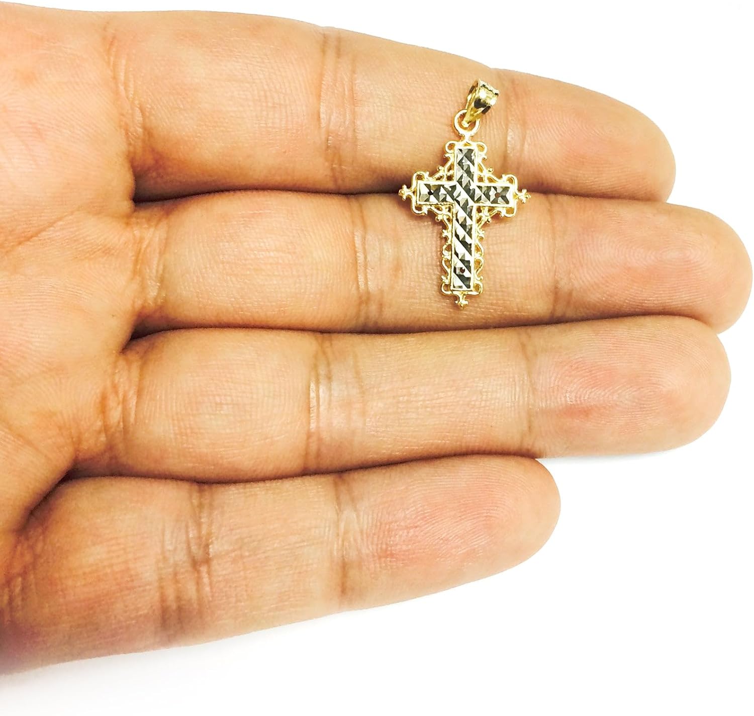 Jewelry Affairs 14k 2 Tone Gold Diamond Cut Round Filigree Design Cross Pendant
