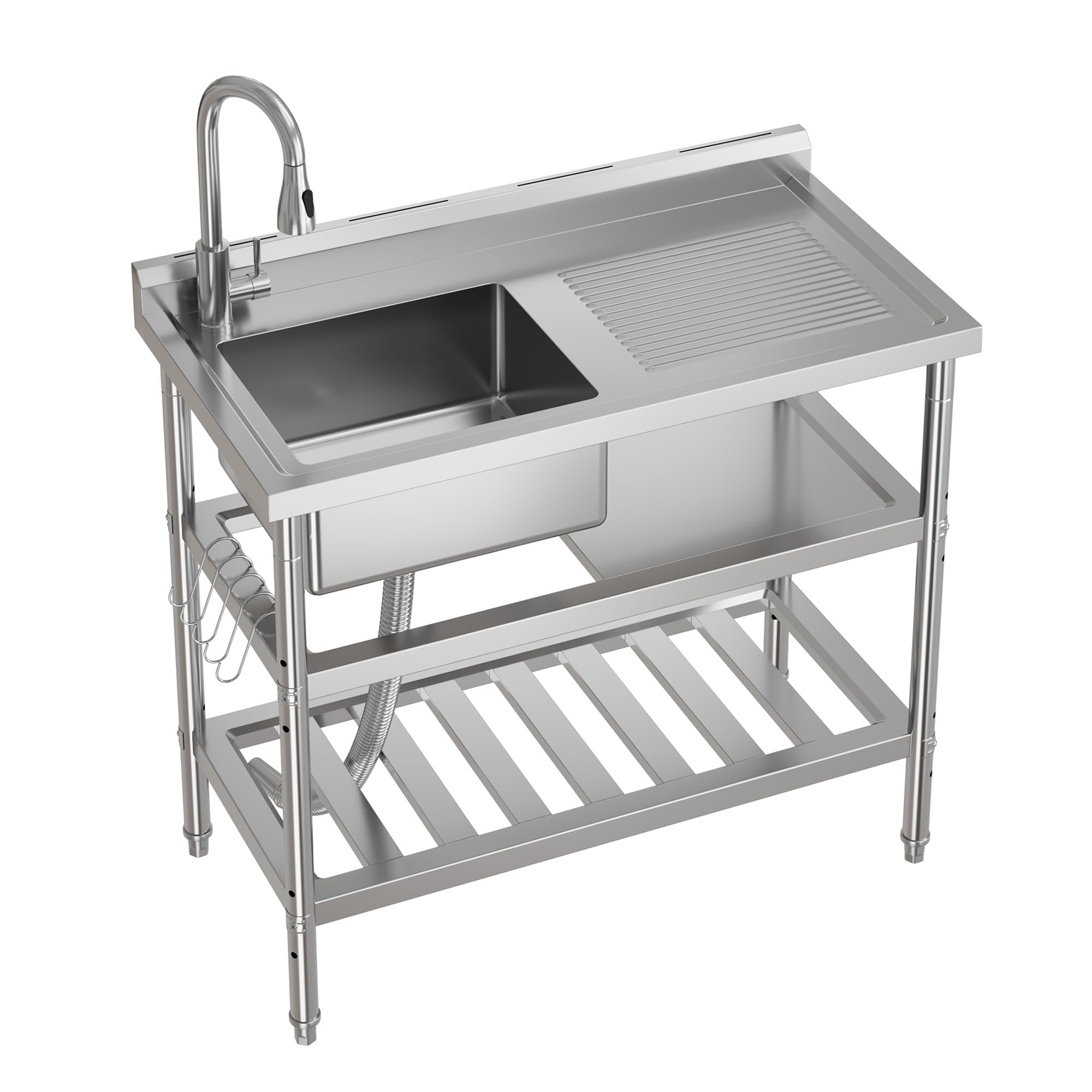Garvee Free Standing Commercial Kitchen Sink, 39 Inch Single Bowl Stainless Steel Utility Sink with Faucet, Drainboard &amp; Storage Shelves, for Restaurant Prep, Indoor Outdoor Use