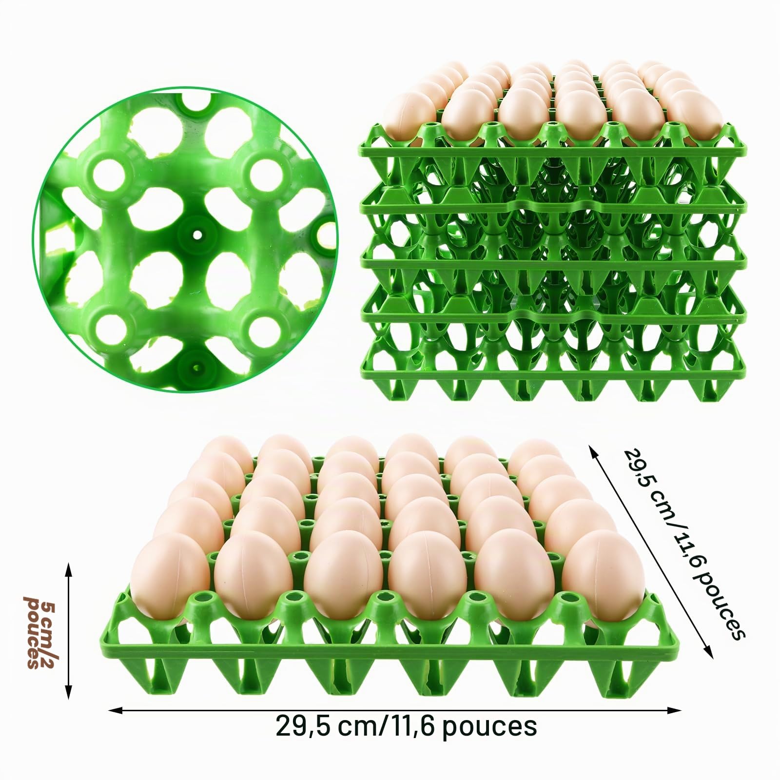 CYEER Lot de 20 Plateaux à Œufs en Plastique Vert, Alvéoles pour 30 Œufs Empilables, Casier Lavable pour Élevage de Poules, Transport et Vente sur Marché (Capacité 600 Œufs)
