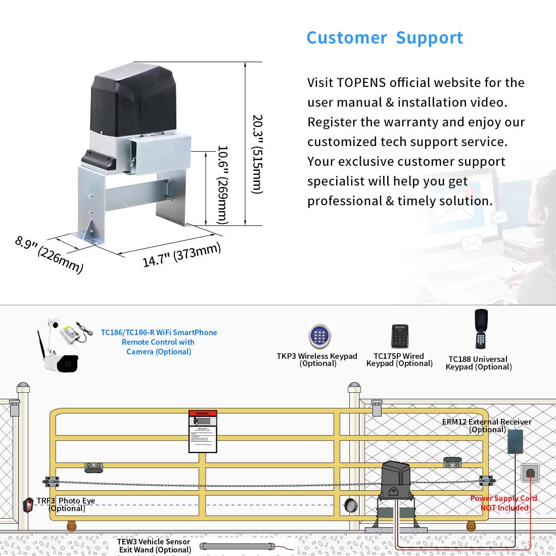 Buy TOPENS CK1200 Automatic Sliding Gate Opener Chain Drive Electric