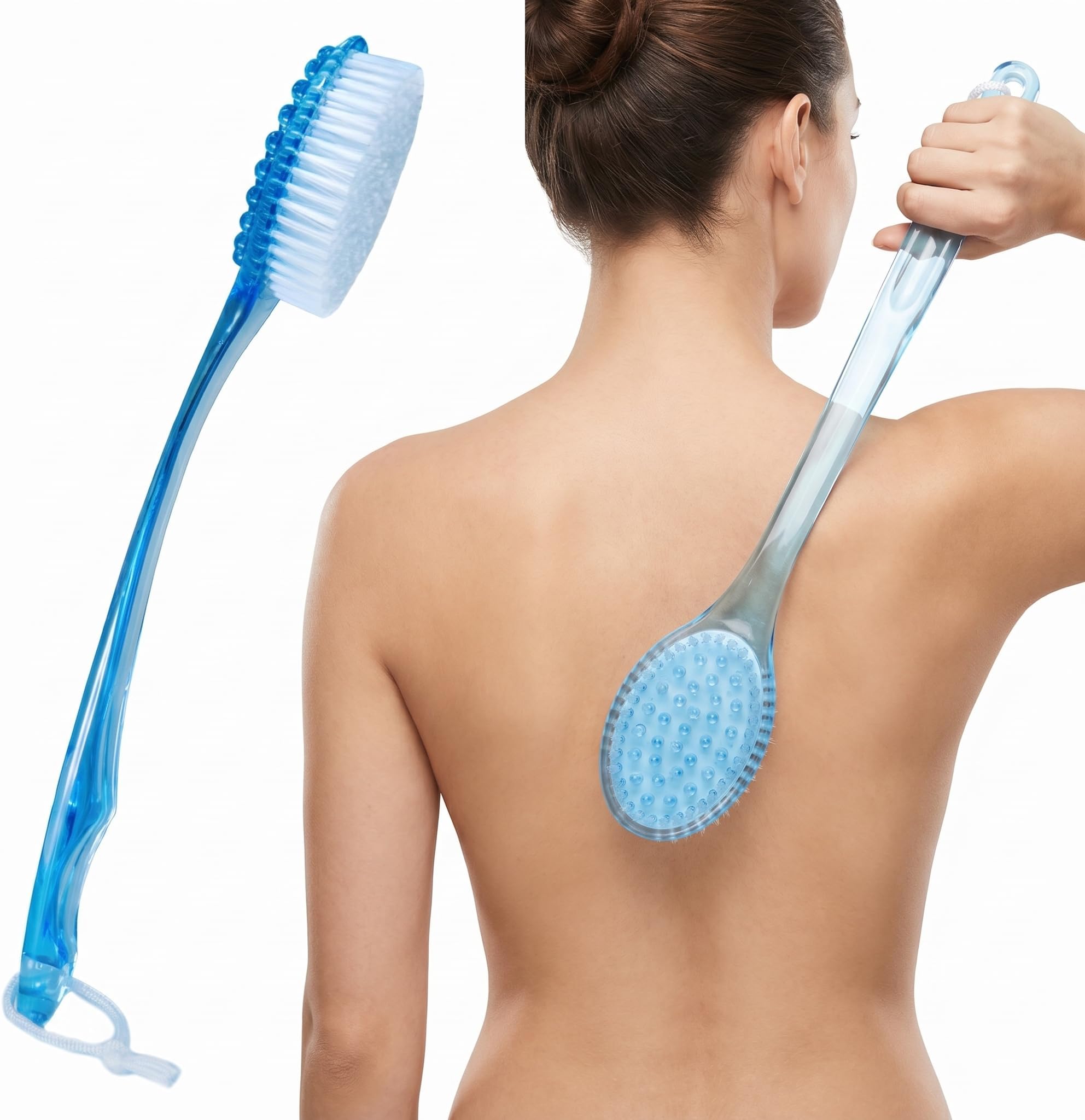 BNYD Bath Brush with 14" Long Handle Blue Shower Body Back Scrubber Massager (Blue)