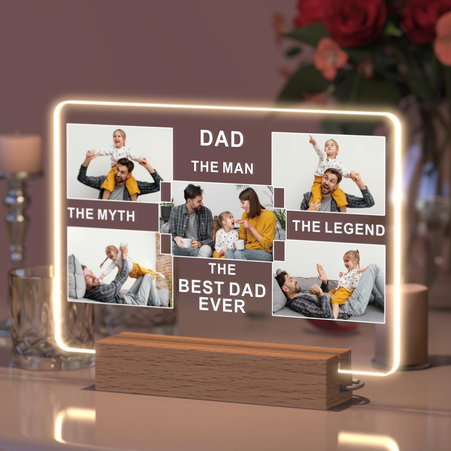 Personalised Gifts for Dad, Father's Day Gifts from Daughter Son, Customised Picture Frame Lamp Presents for Daddy Birthday, Original Ideas Night Light Album with Photo Text Acrylic Plaque