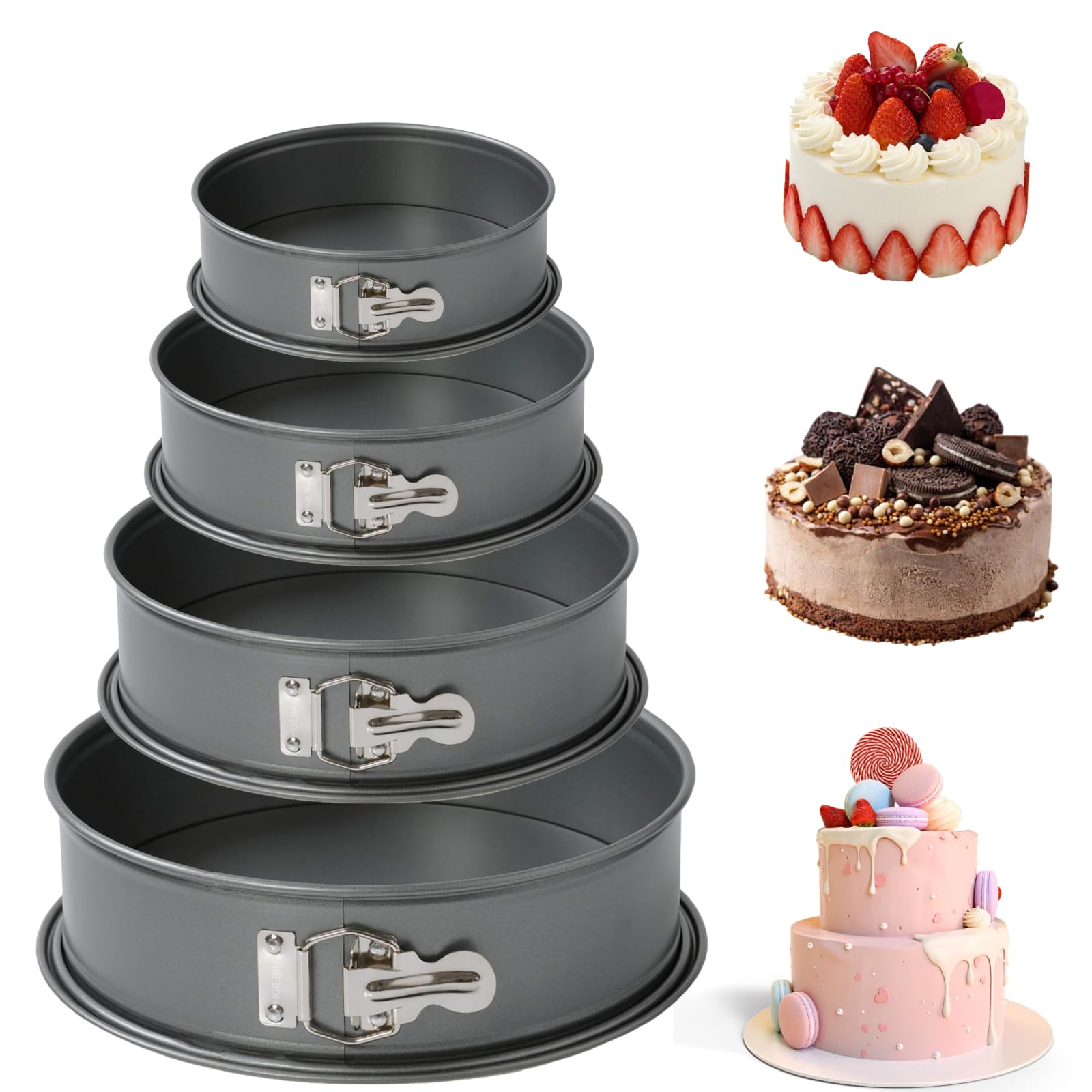 Molde redondo para tartas (4, con revestimiento antiadherente y fondo extraíble, sellado, ideal para el uso diario en repostería, 15 cm, 18 cm, 22 cm, 25 cm)