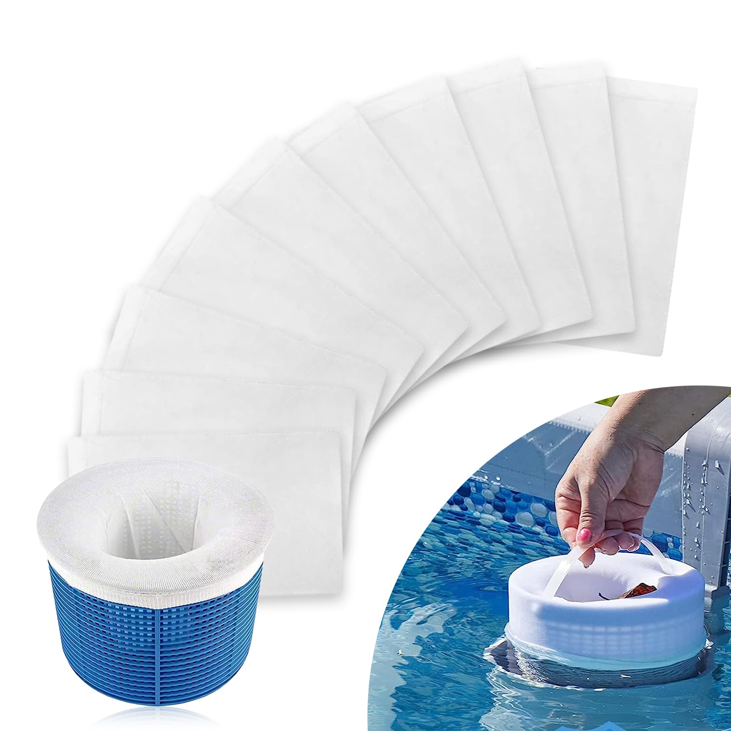 15 Calze Filtranti Per Skimmer Piscina – Con 80 Strisce Test PH, Riutilizzabili, In Nylon