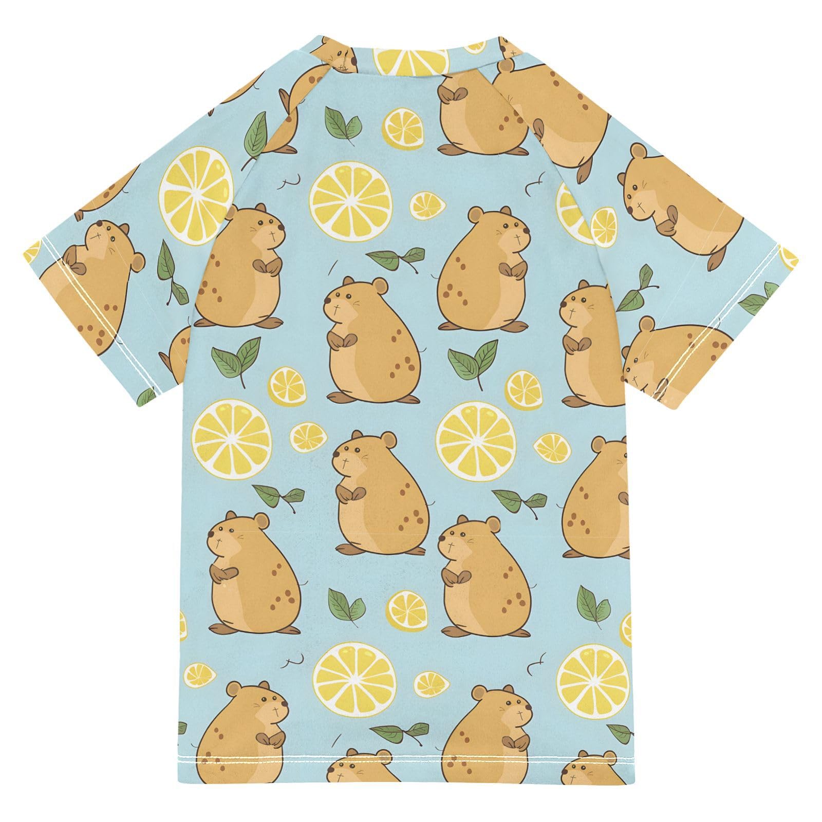 ALAZA Kids Rash Guard Boys Toddler Swim Shirts Short Sleeve Capybara Lemon UPF 50+ 3T