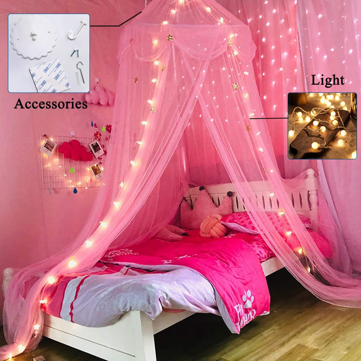 Buy Nattey Bed Canopy with Lights for Girls,Gold Star Princess Crib