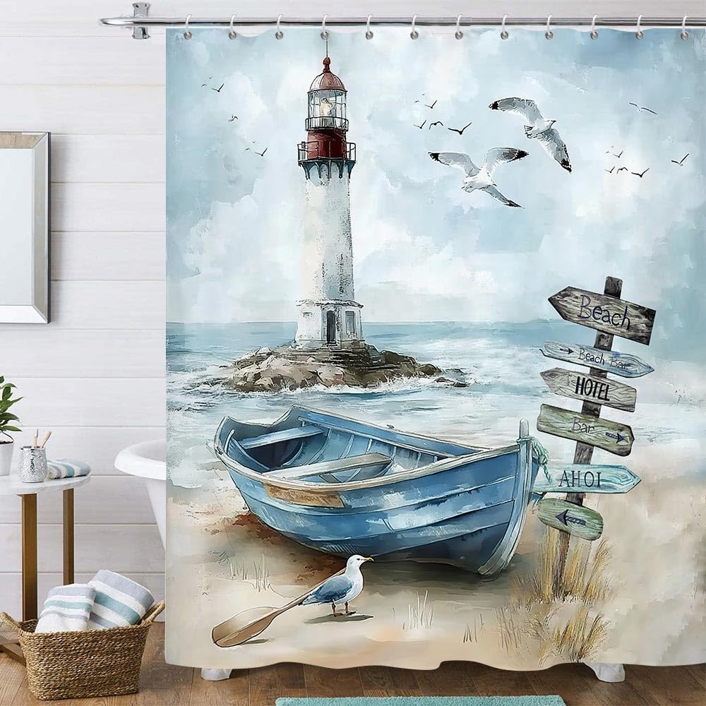Nautical Coastal Shower Curtain, Ocean Beach Lighthouse Shower Curtain, Blue Teal Seasides Sailboat Bathroom Accessories Fabric Waterproof with Hooks, 72X84in