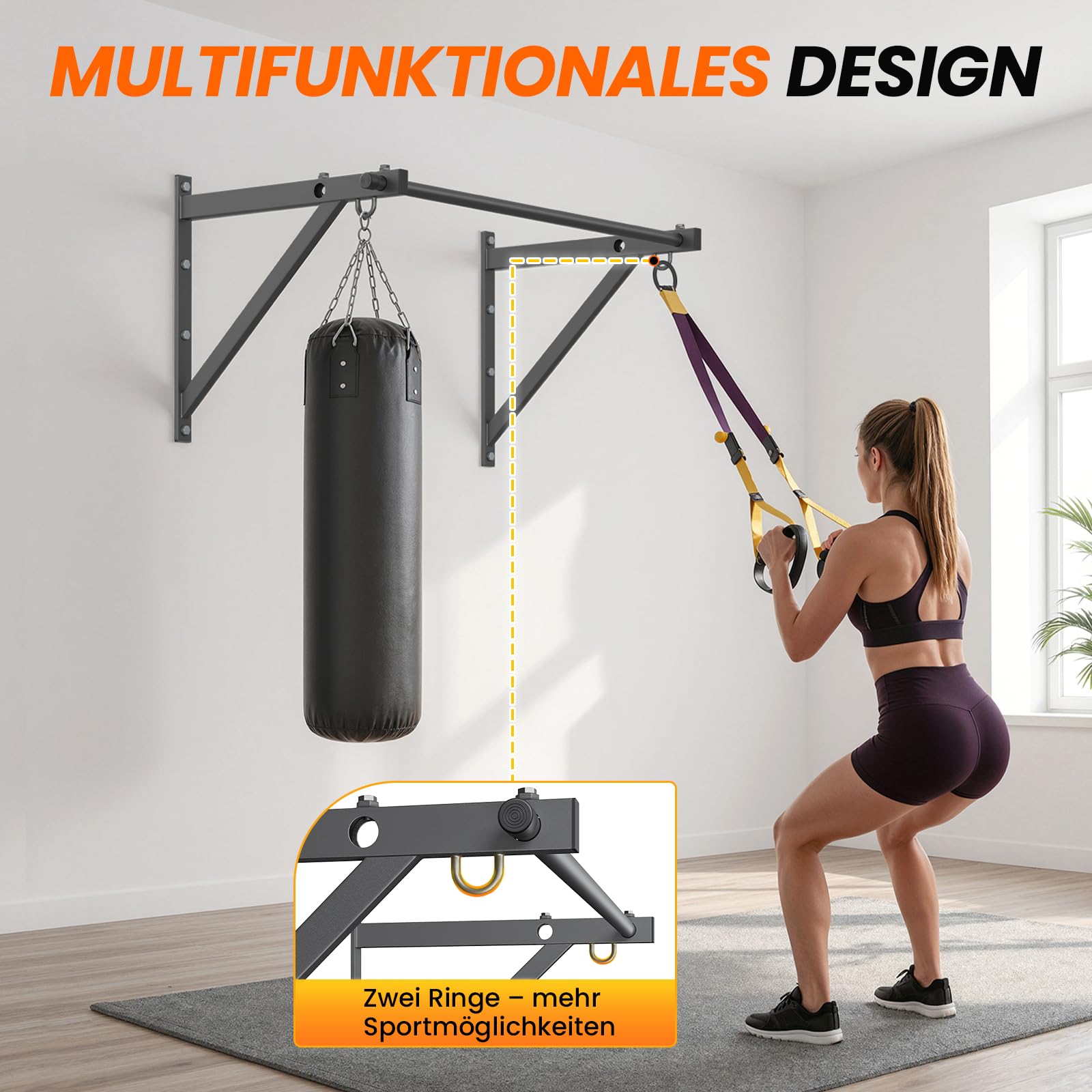 Jusgym Klimmzugstange Wandmontage 130 cm, Pull Up Bar 250 kg Tragfähigkeit, Klimmzugstangen für Krafttraining zuhause, Garage – einfache Montage, schwere Ausführung, Trainingsstation