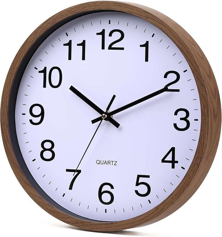 Wall Clock 12 Inch Wooden Frame Glass Cover Non-Ticking Number Quartz Modern Quartz Design Decorative Bedroom Kitchen Office Classroom Dark Brown