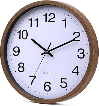 Wall Clock 12 Inch Wooden Frame Glass Cover Non-Ticking Number Quartz Modern Quartz Design Decorative Bedroom Kitchen Office Classroom Dark Brown