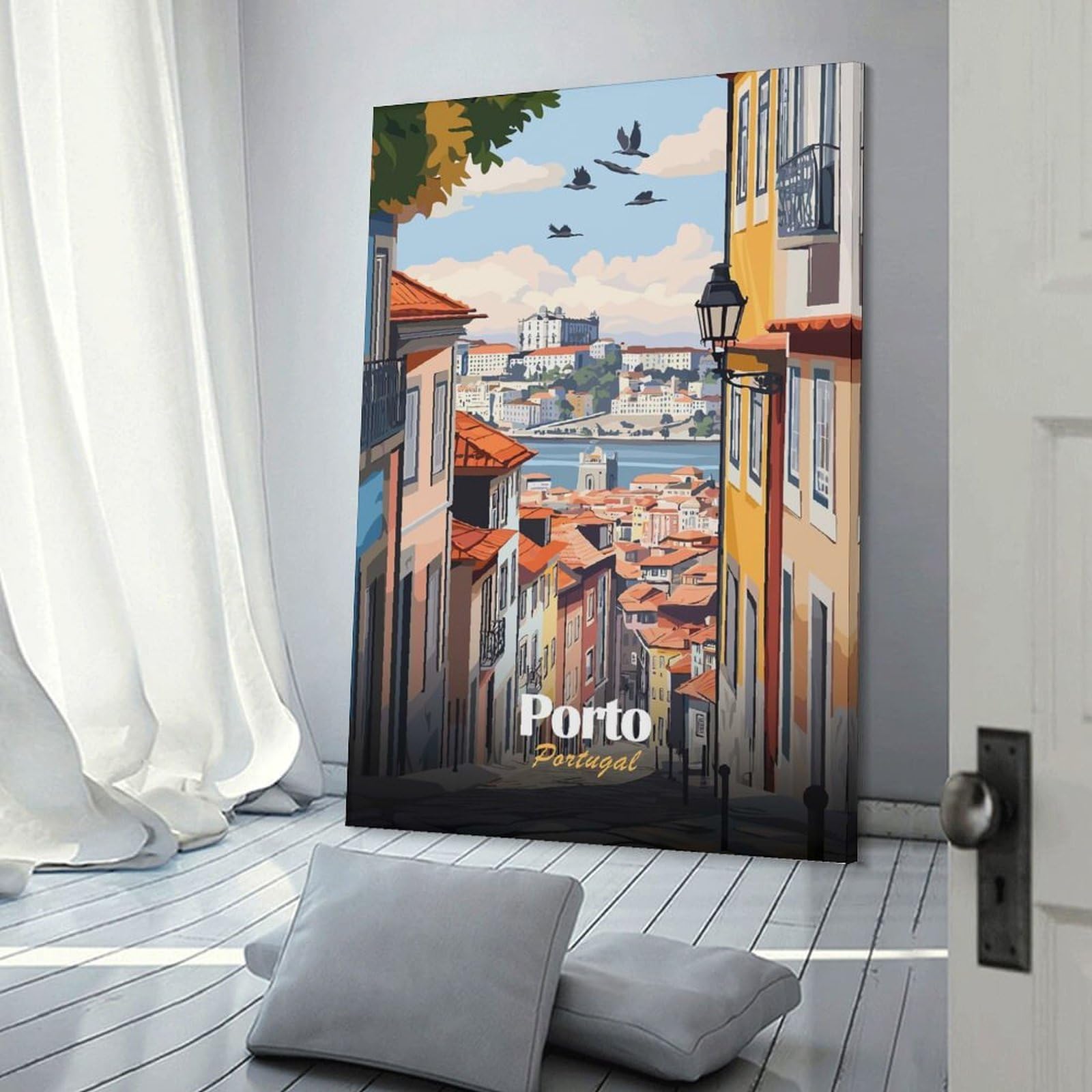 Junmoney Canvas Wall Decor Porto, Portugal Cityscape Illustration, 24x36inch(60x90cm), for Bedroom, Guest Room Or Reading Nook, Decorative Wall Art for Cosy Rooms