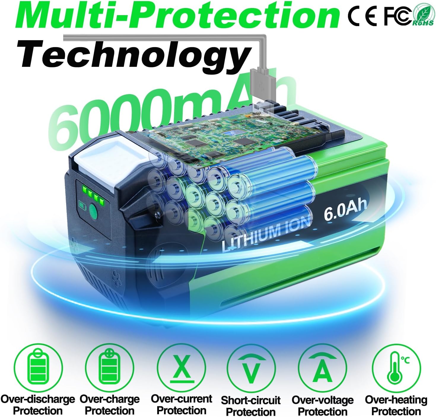 DTK Replacement for Greenworks 40V Battery Lithium Ion 6000mAh Compatible with 40V Cordless Tools with 5V USB Port