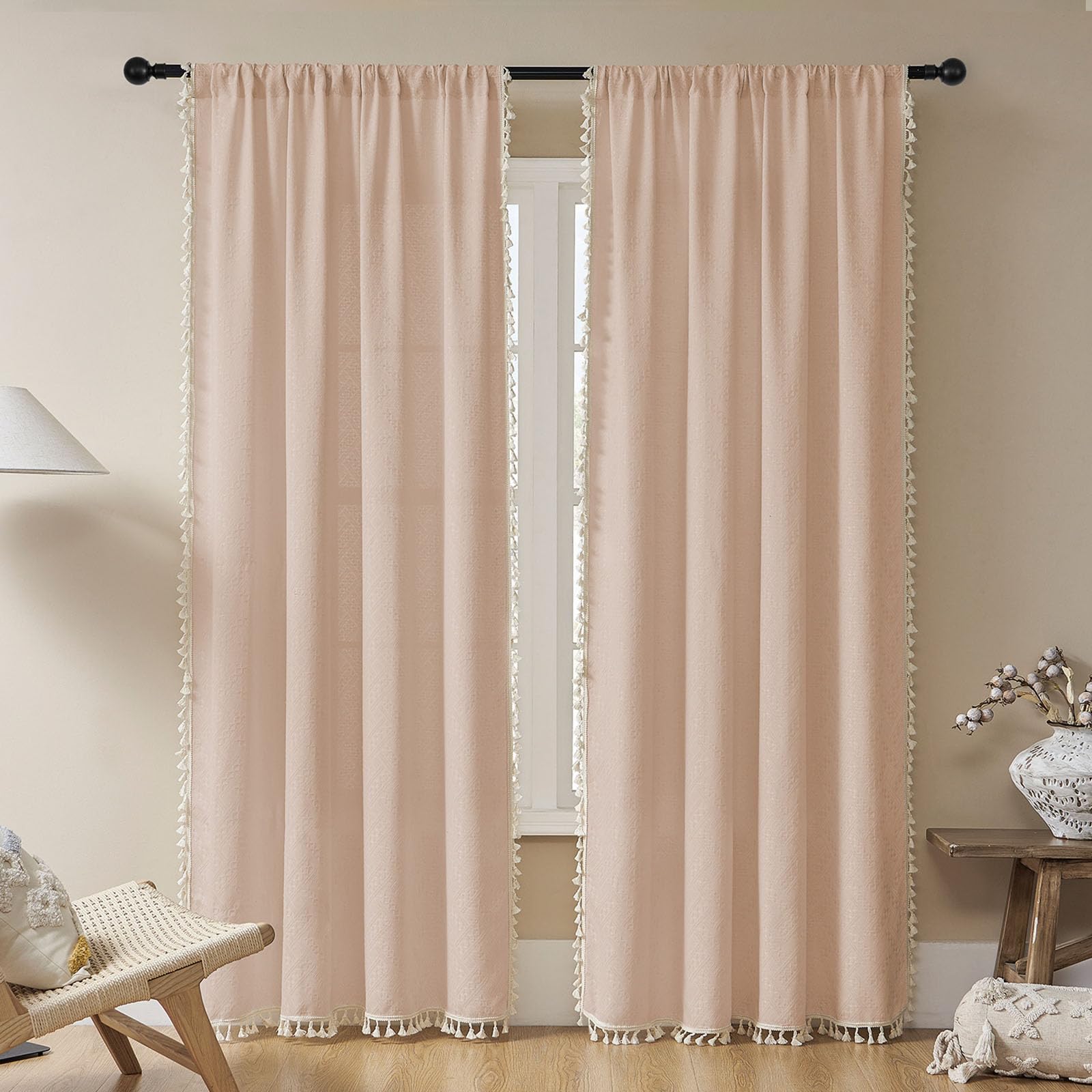 Joydeco Dusty Pink Boho Curtains 63 Inch Length 2 Panels, Super Soft Bohemian Farmhouse Curtains with Tassels, Semi Sheer Light Filtering Drapes for Bedroom Living Room (Rod Pocket, 52Wx63L) — image 1