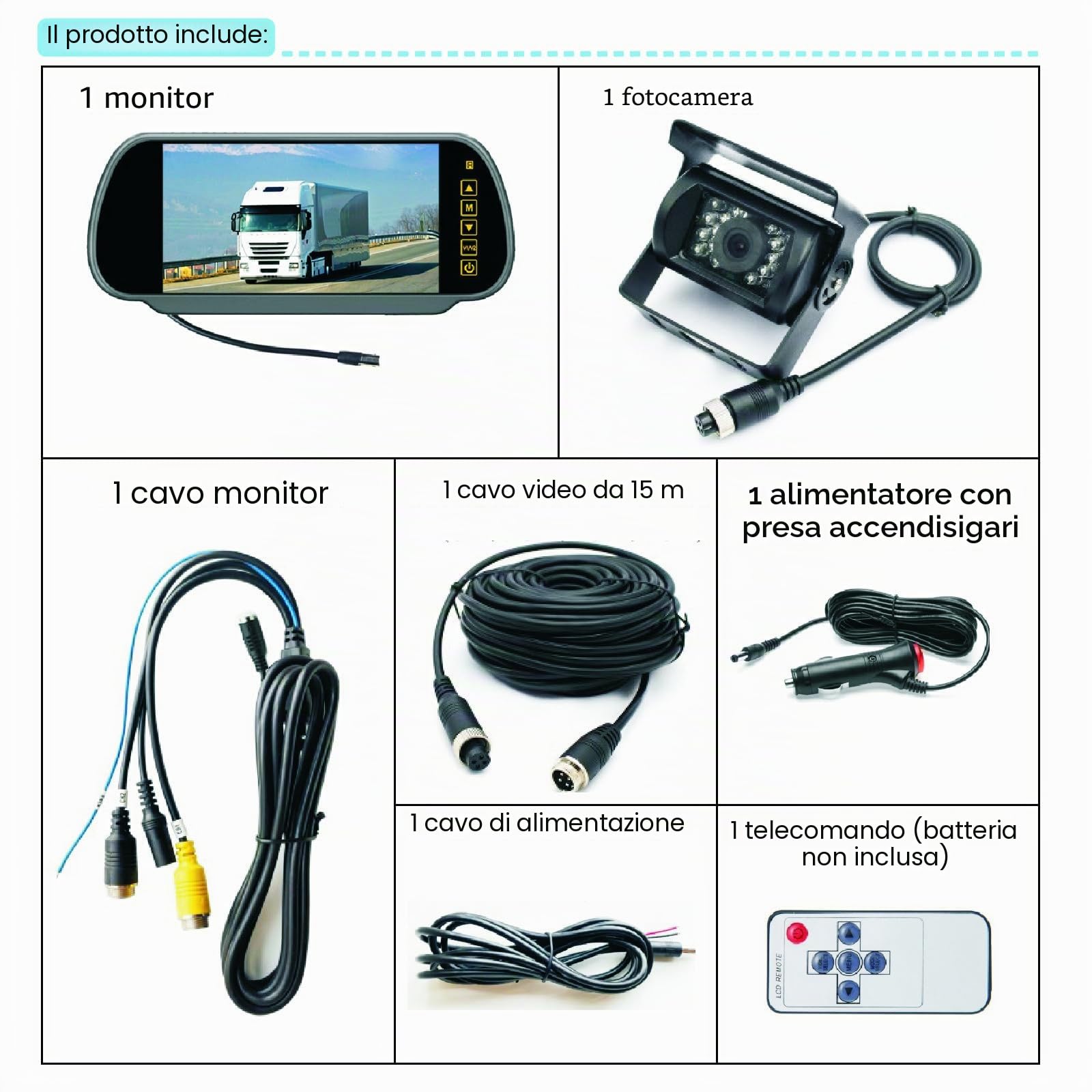 Telecamera retromarcia 4 pin, monitor specchietto retrovisore HD 7 pollici | 18 LED Visione Notturna, Impermeabile, Telecamera Backup Parcheggio, Cavo 15 m, Applicabile per camion, camper, rimorchi