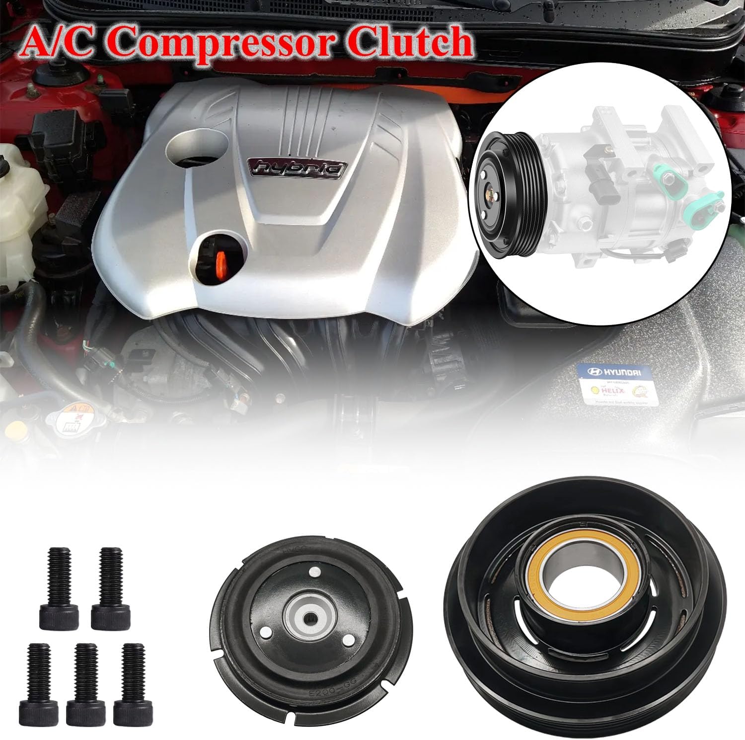 A/C Compressor Clutch Assembly Kit Plate Pulley Bearing Coil 197383 Replacement for 2011-2014 Hyundai Sonata, AC Air Conditioning Compressor Clutch Coil Auto Repair Kit