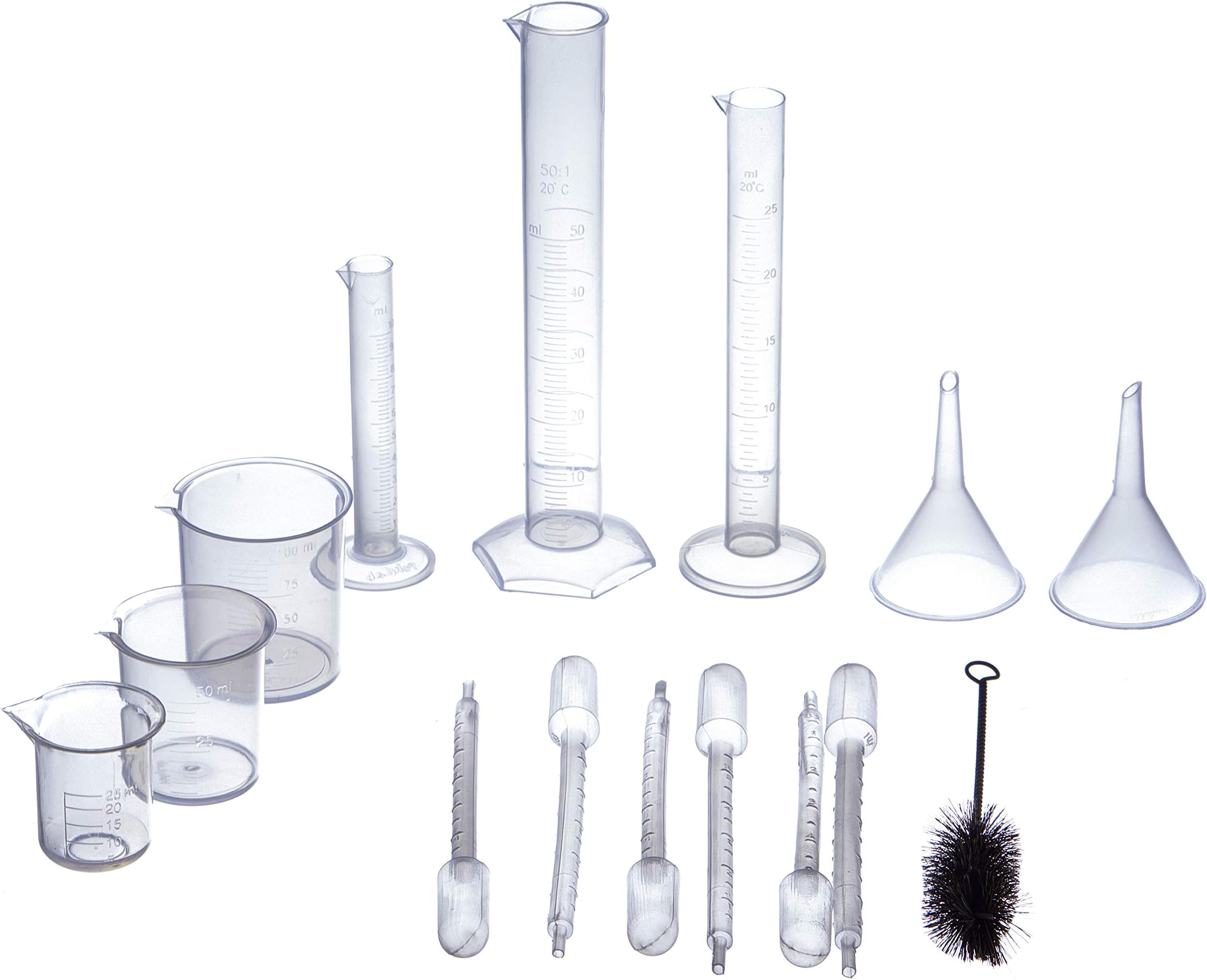 GRN Set of Moulded in Polypropylene plastic Measuring Cylinder, Beaker, Funnels, Polyethyene Pipette and cylinder cleaning Nylon Brush
